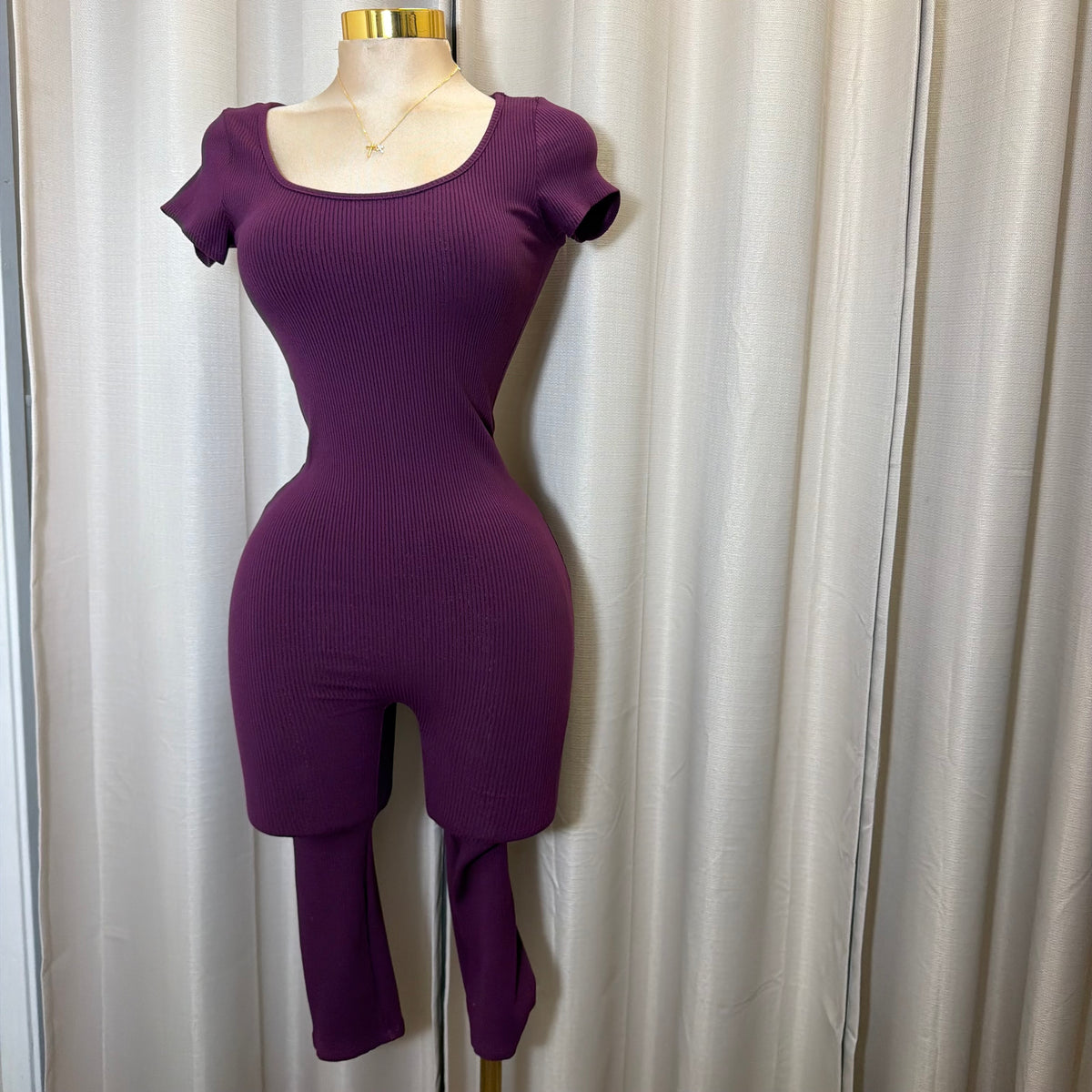 Short sleeve Capri Romper-Plum