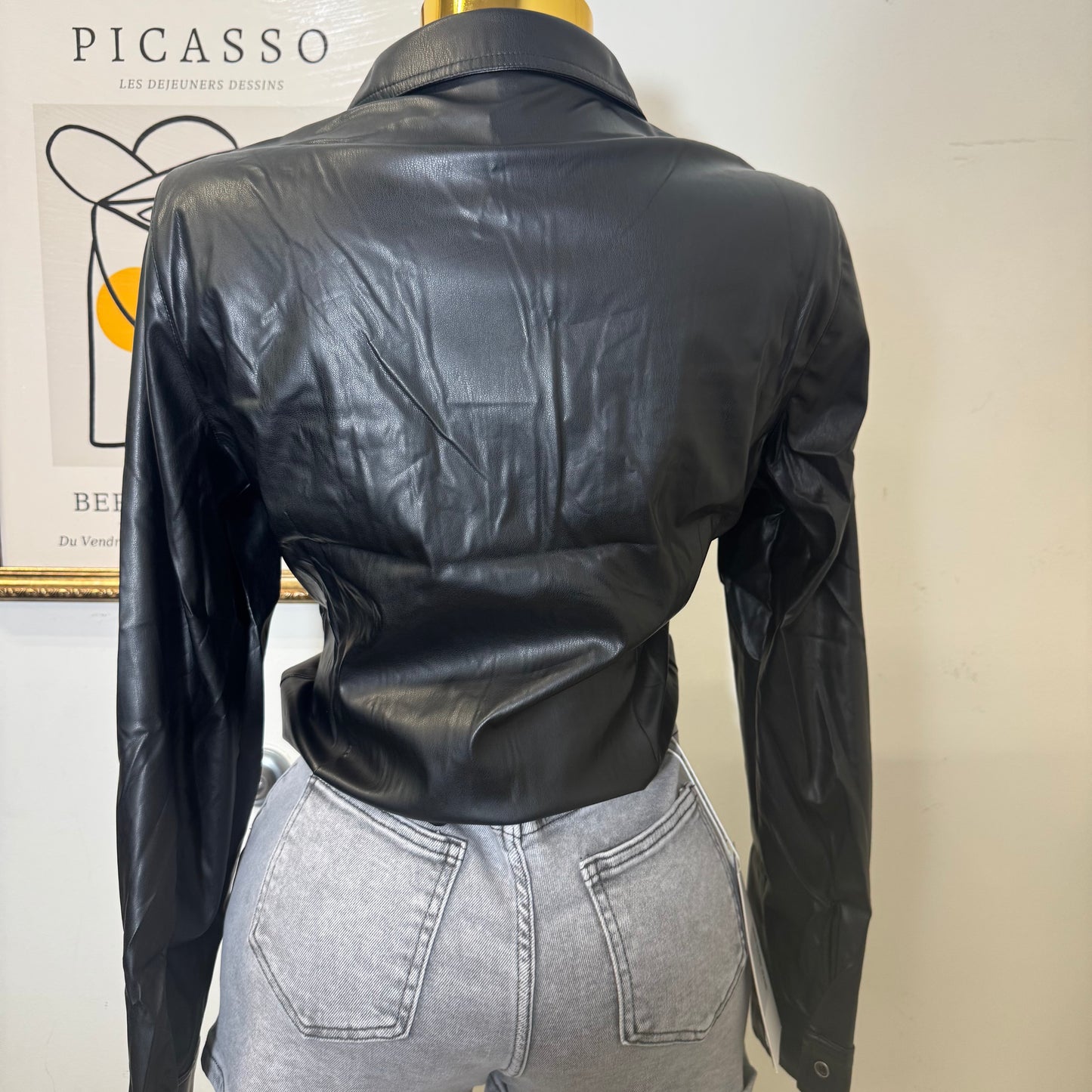 PU Faux Leather Shirt with button closure-Black