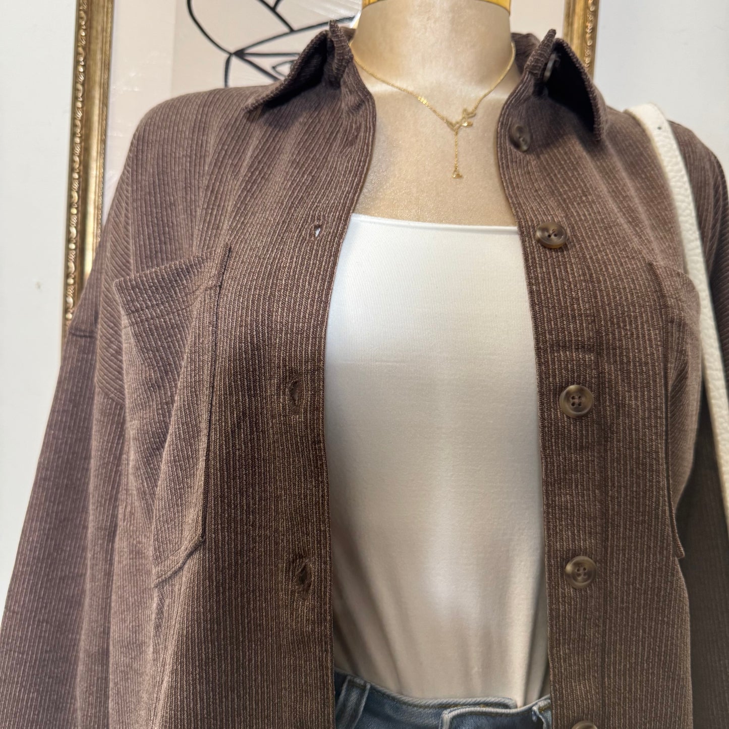 Oversized Pinstripe Collared Button Down Shacket-brown