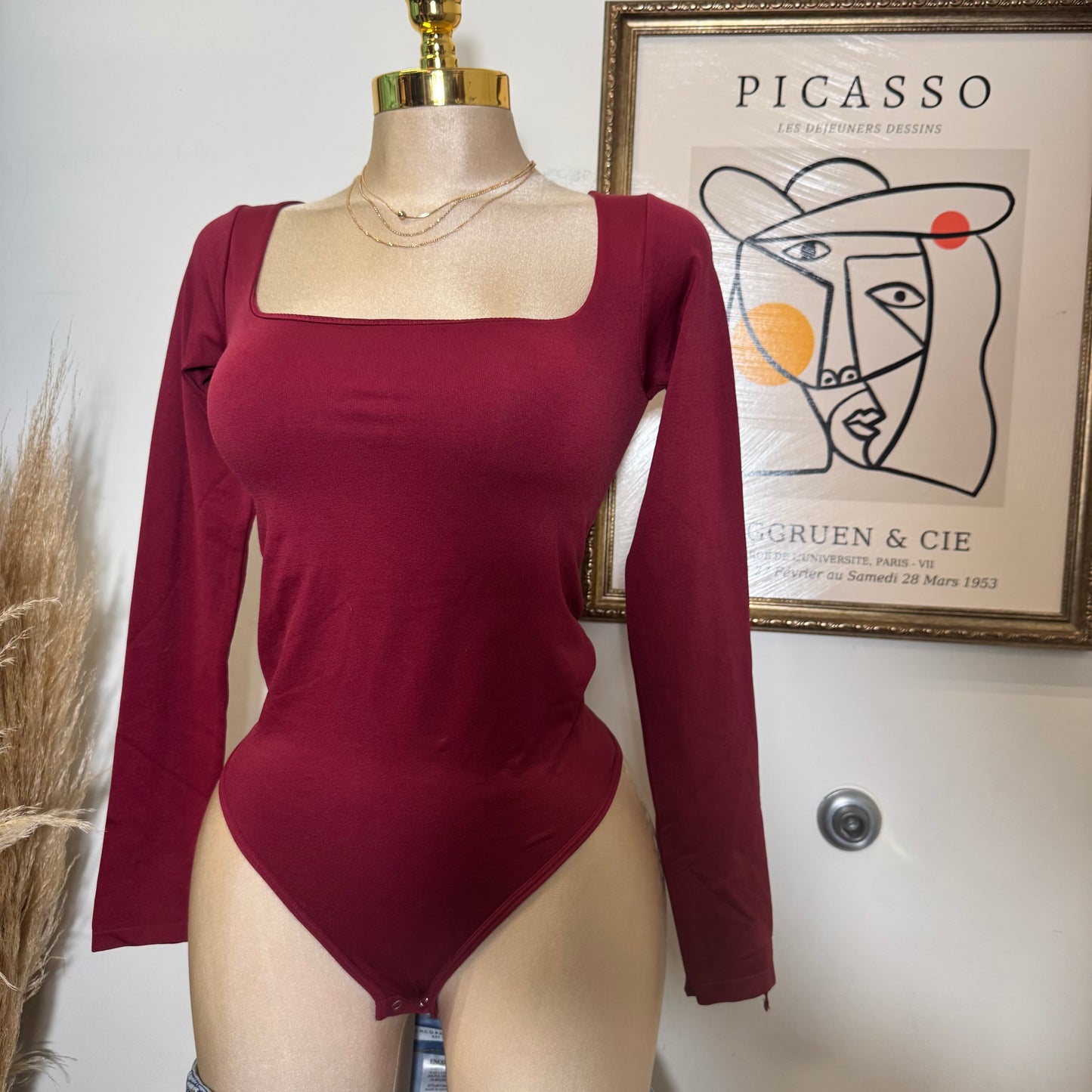 Square Neck Long Sleeveless Bodysuit-Burgundy