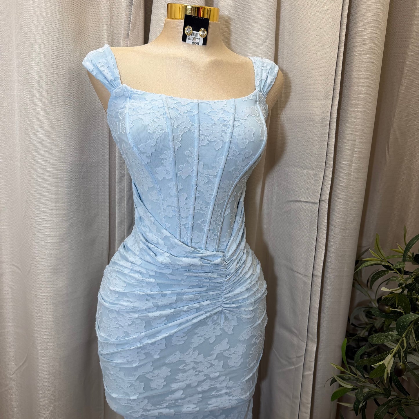 Off Shoulder Ruched Maxi Dress-Baby Blue