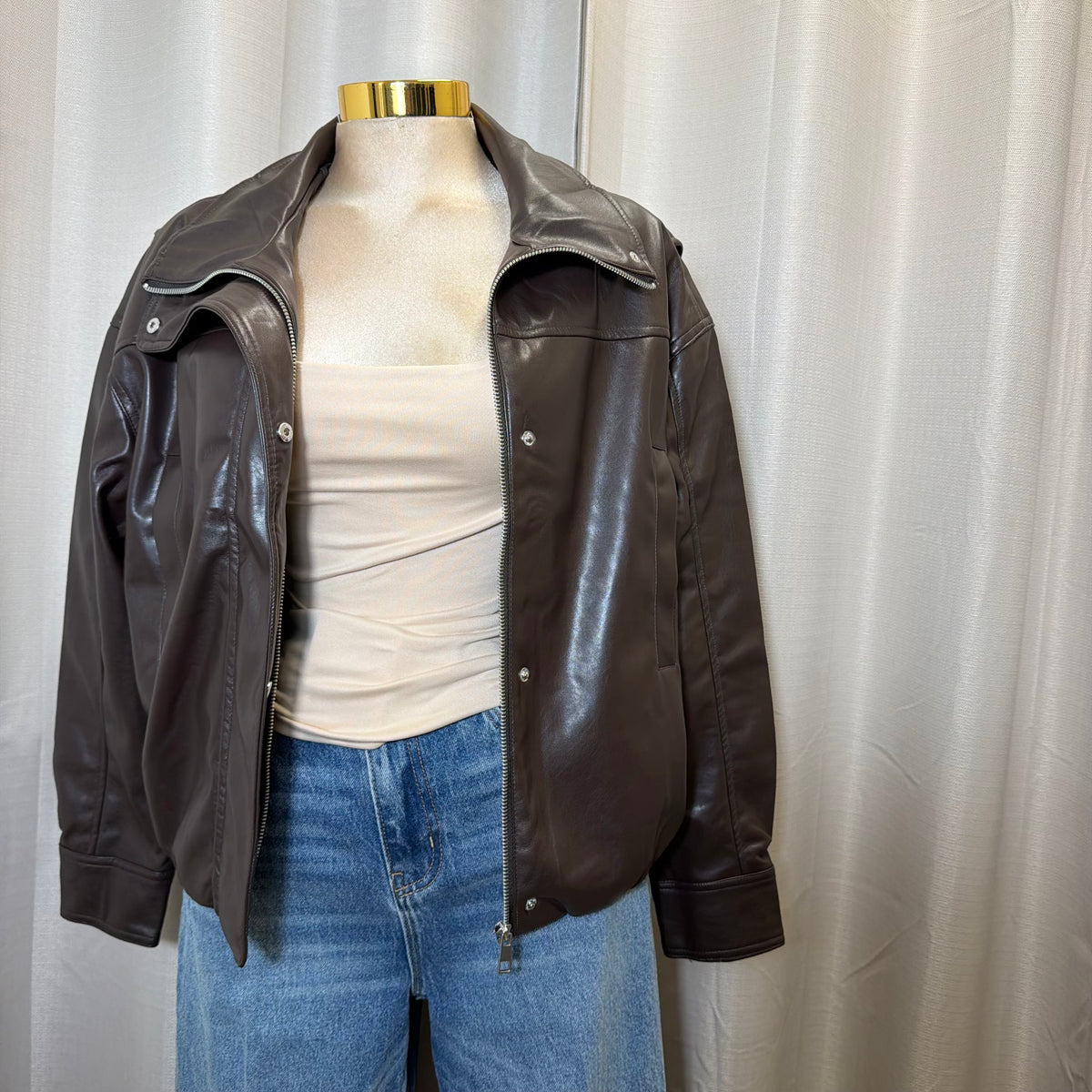 Leather Bomber Jacket-Brown