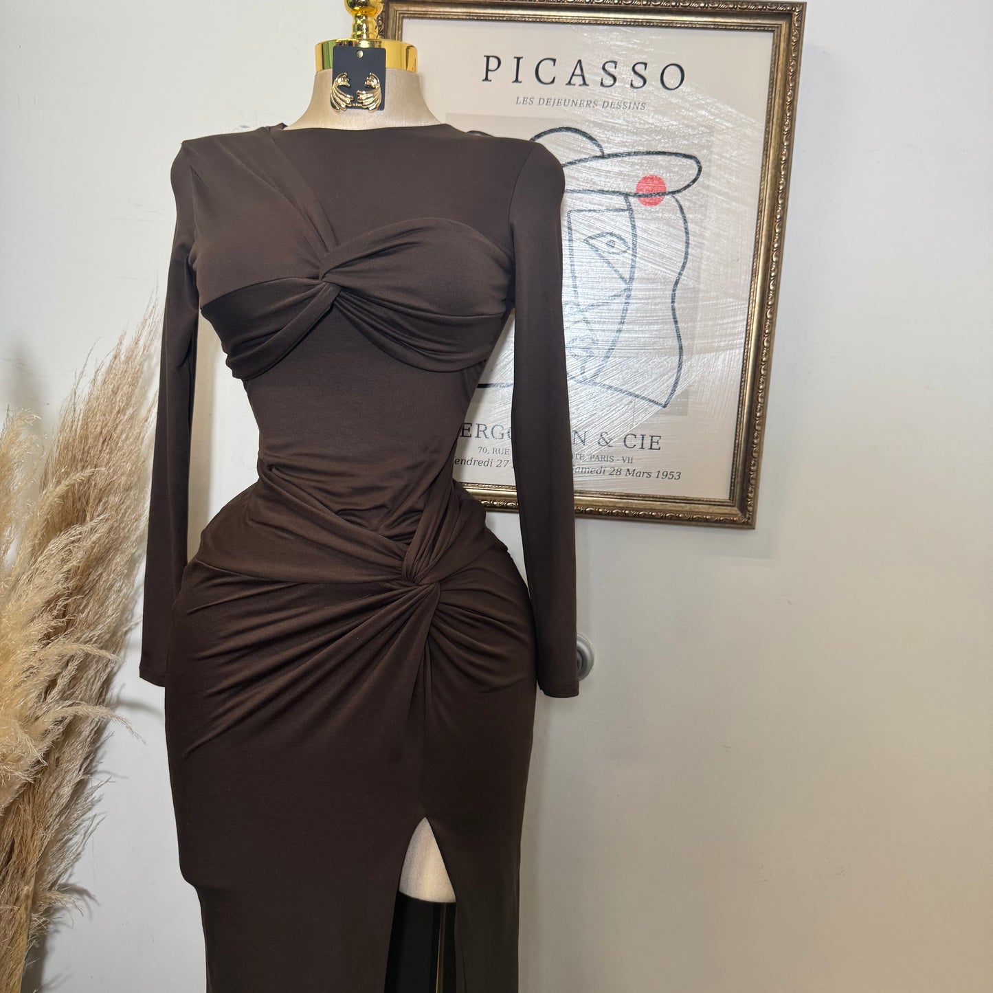 Long sleeve Soft Material Dress-Brown