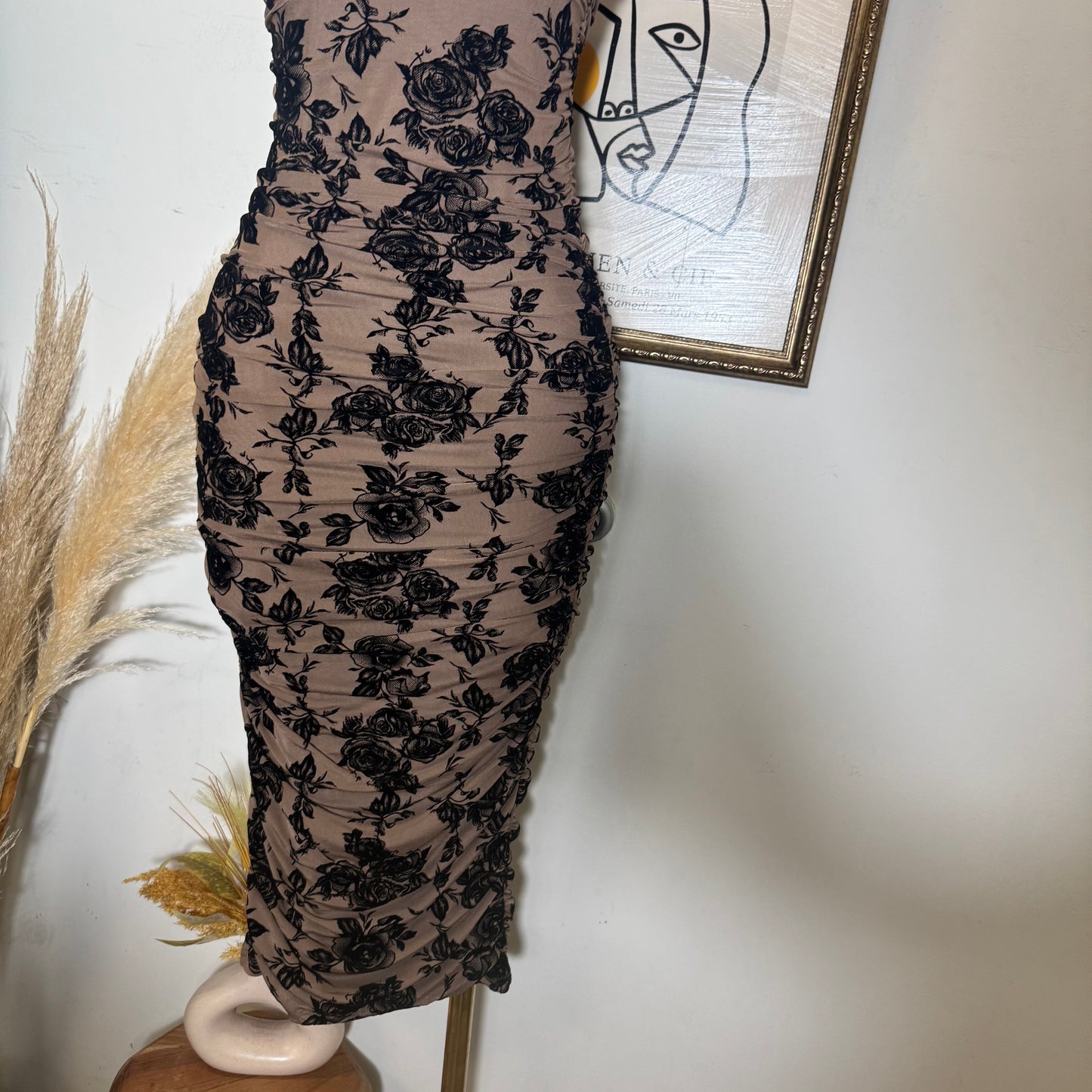 Off the shoulder Ruched Midi Dress-mocha Black