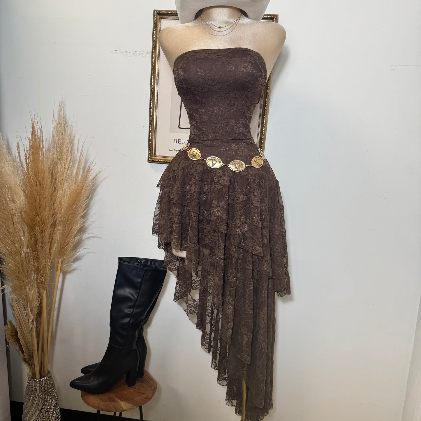 Lace Double Layer Ruffle Asymmetrical Maxi Dress-Brown