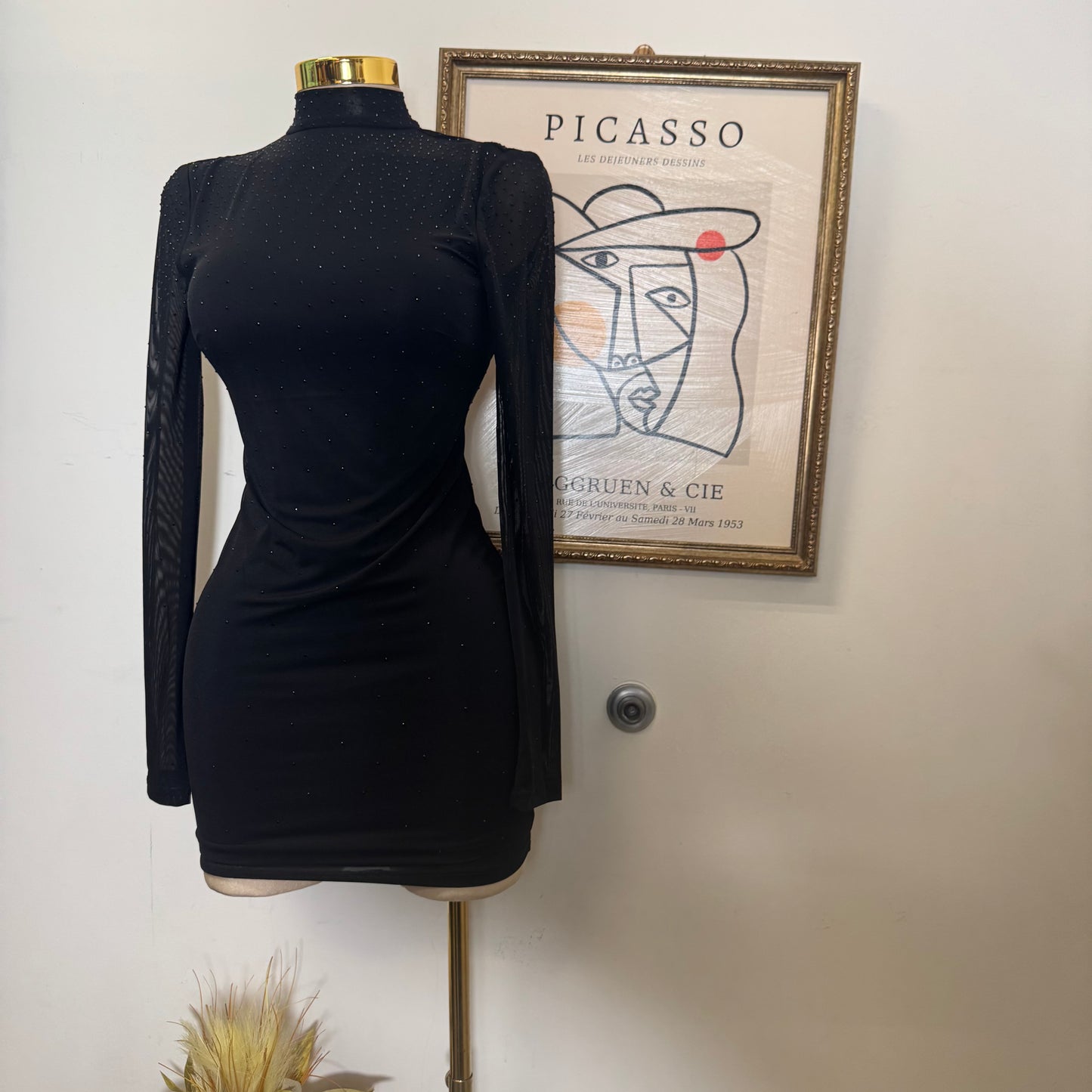 Mesh Mock Dress Rhinestone Open Back Mini Dress-Black