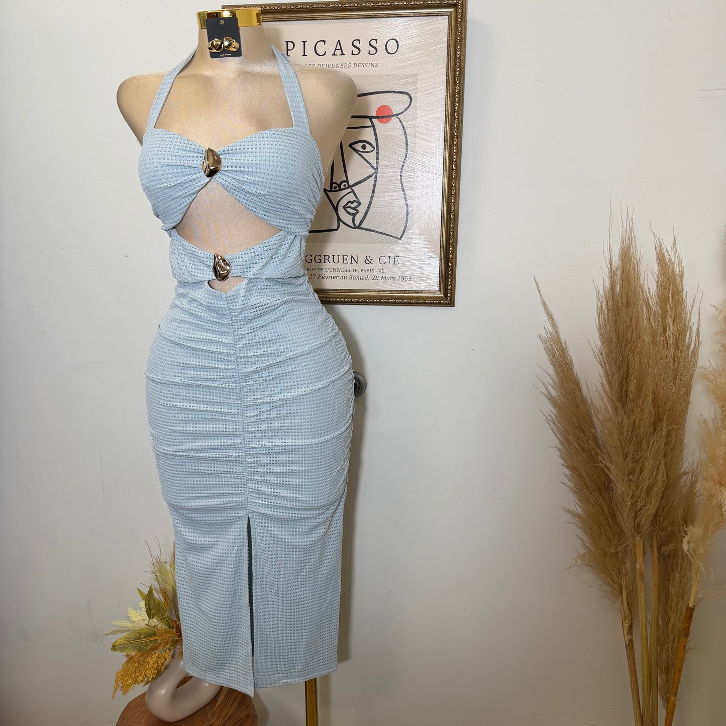 Front metal Trim Shirring with slit Midi Dress-Blue