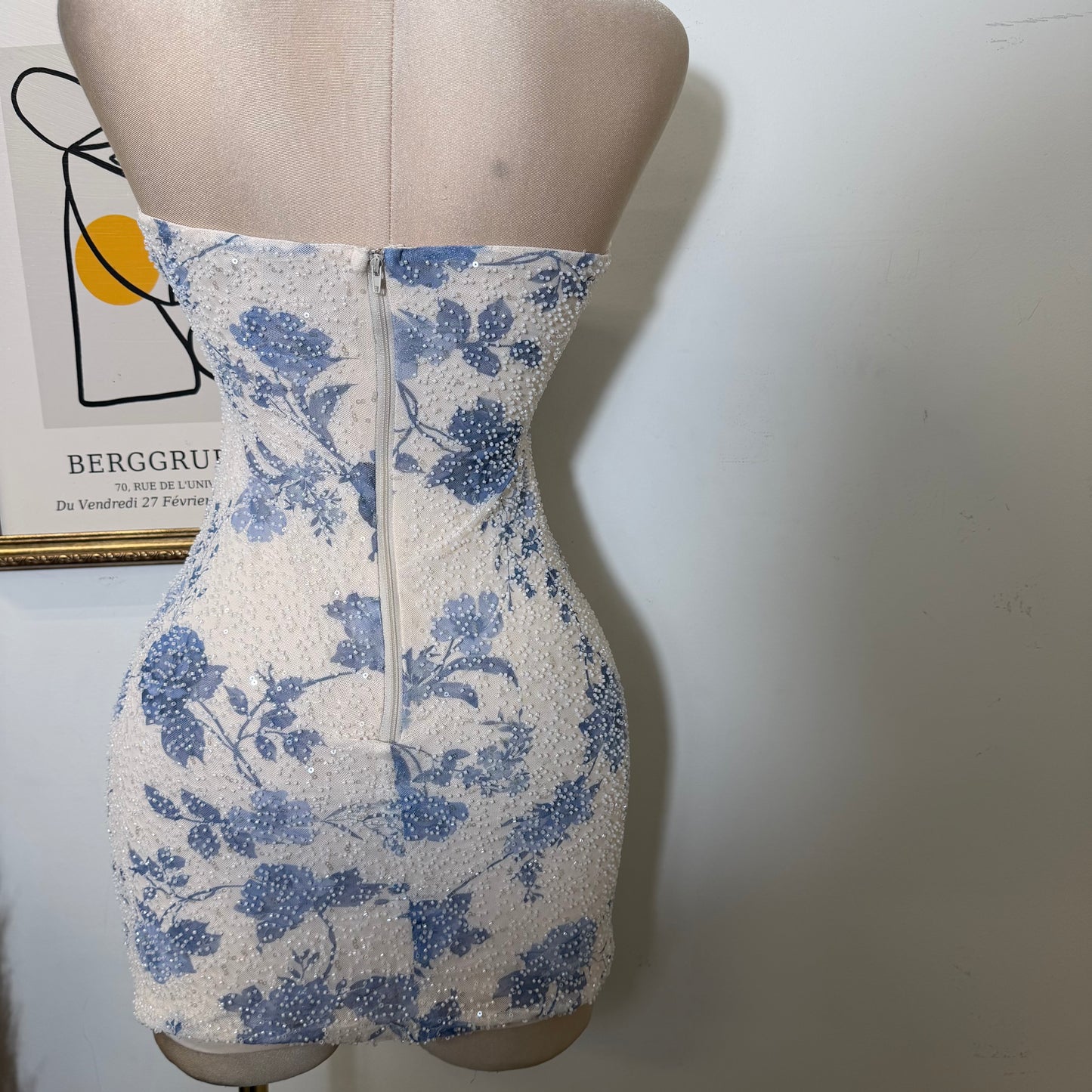 Floral beading pleated bust Bodycon Mini Dress-Ivory/Blue