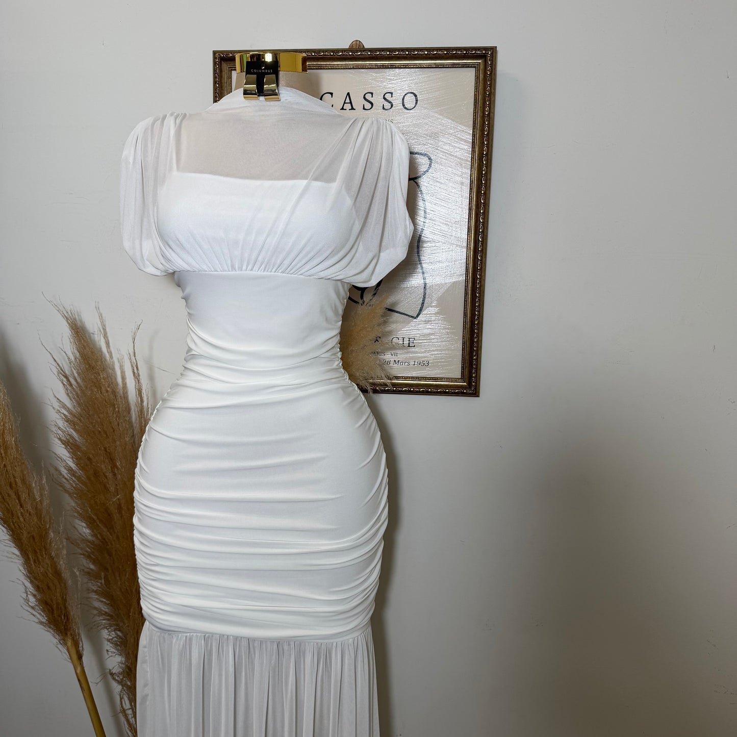 Mesh & Knit Mix Long Dress-Ivory