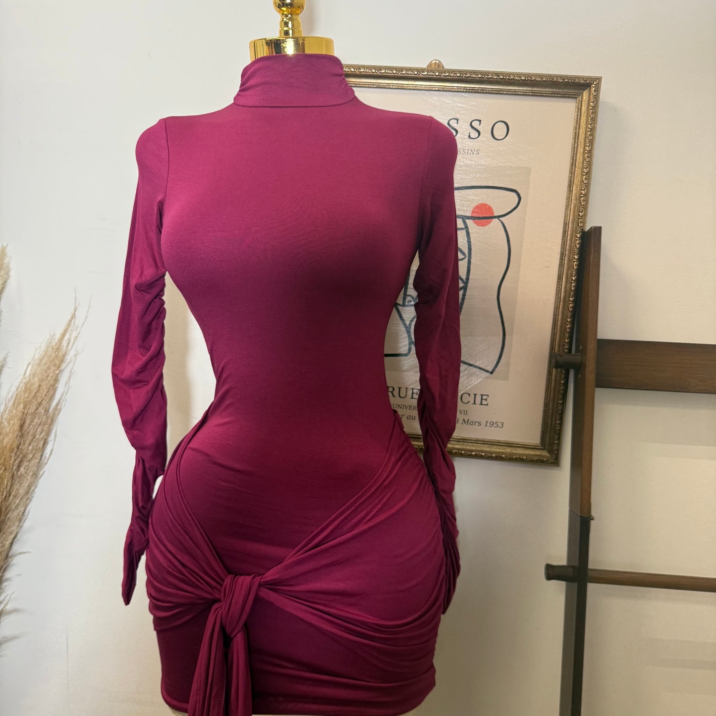 Long Sleeve Front Tie Mini Dress-Burgundy