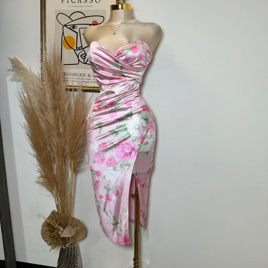 Satin Flower Dress-Pink