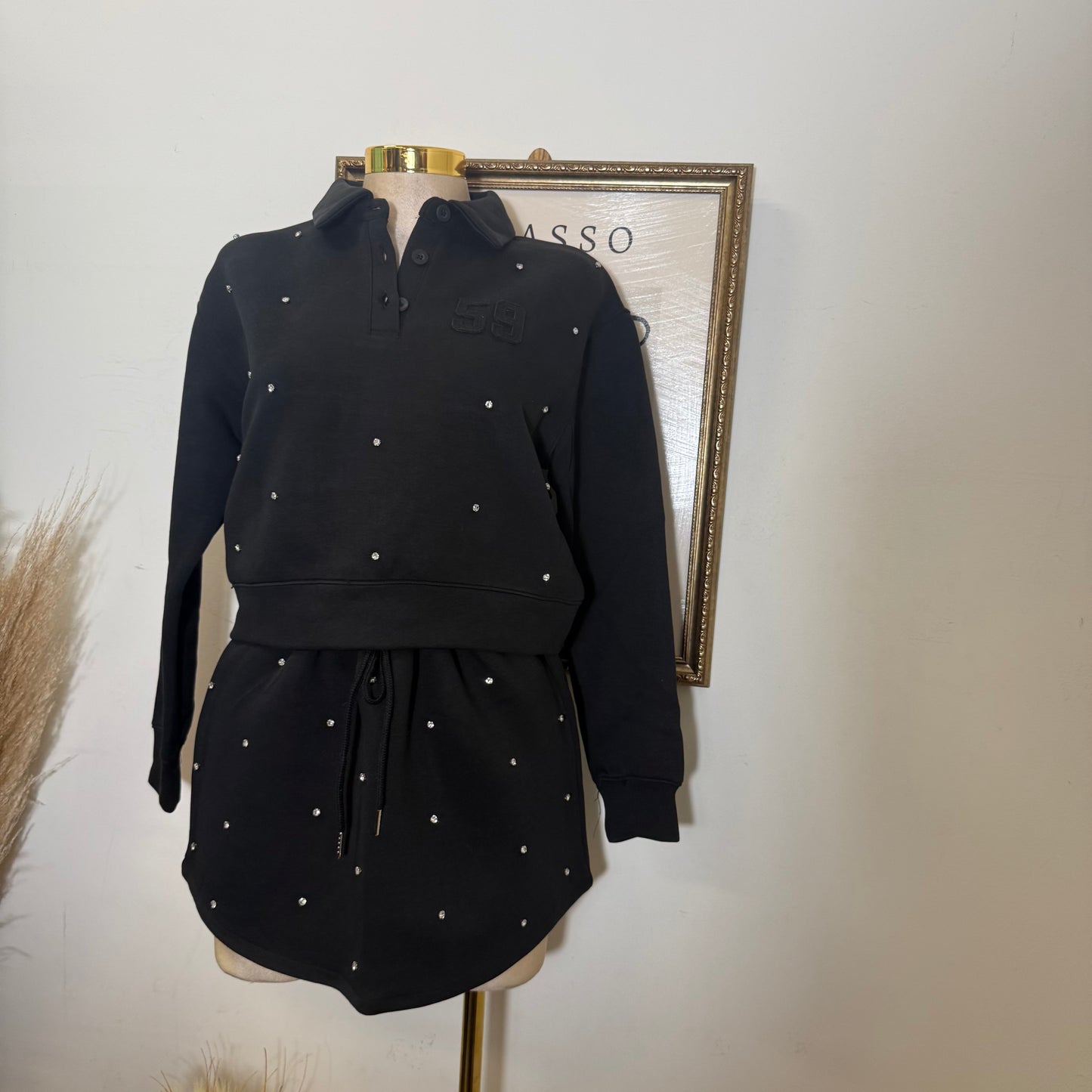 Long Sleeve Embellish scuba Polo Set-black