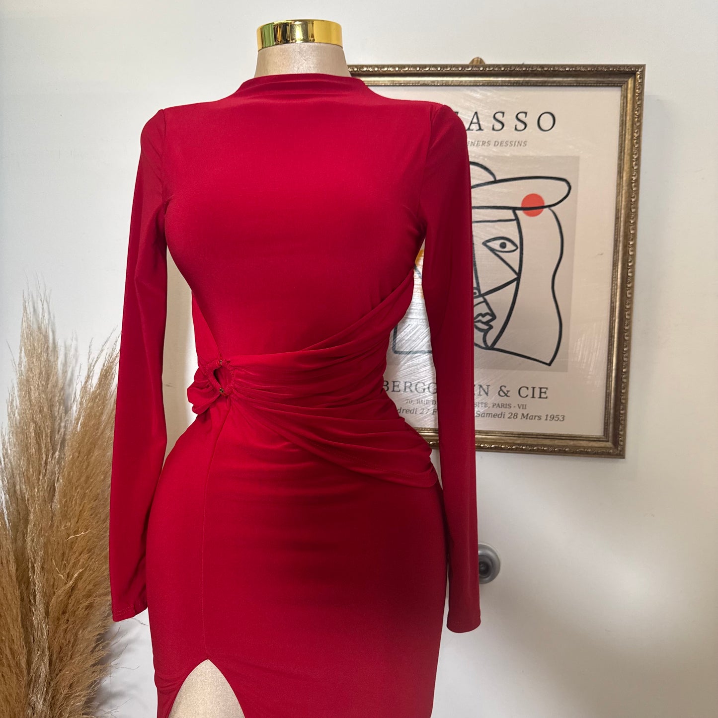 Long Sleeve Open Slit Dress-Red