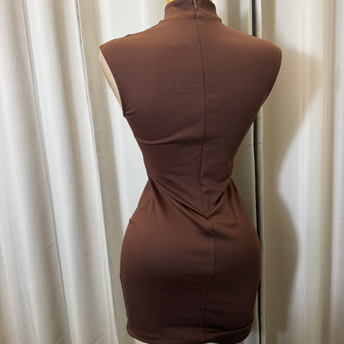 Mock neck Keyhole Ponte Mini Dress-Brown