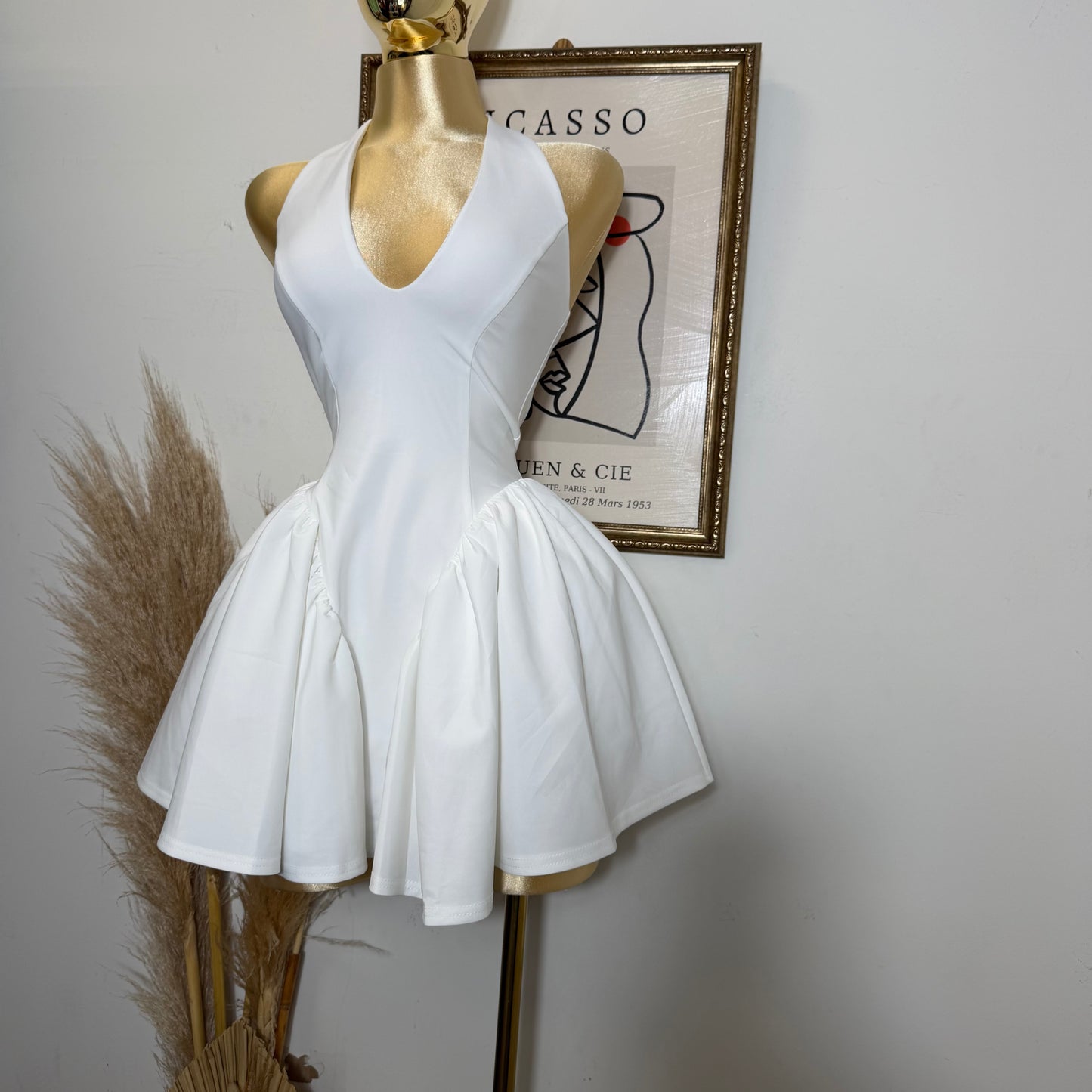 Halter Drop Waist Mini Dress-White