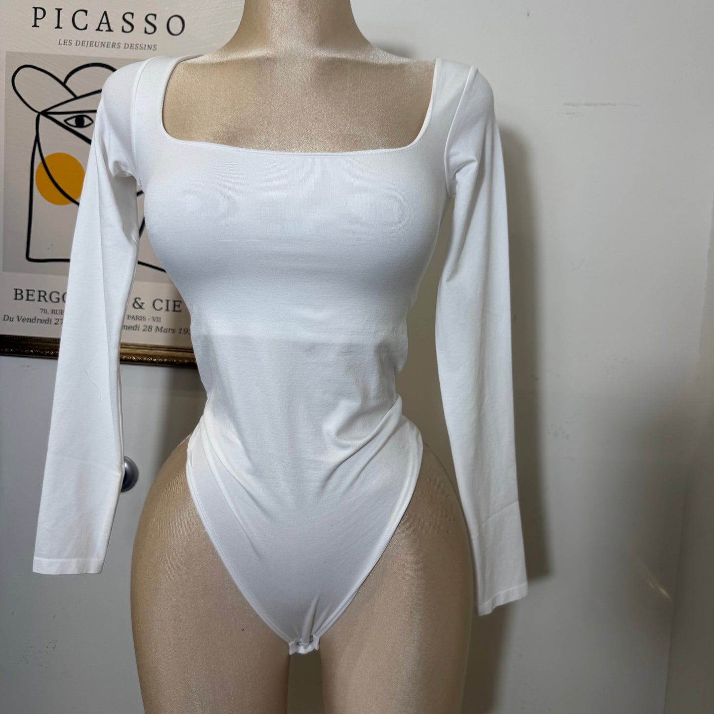 Square Neck Long Sleeveless Bodysuit-White