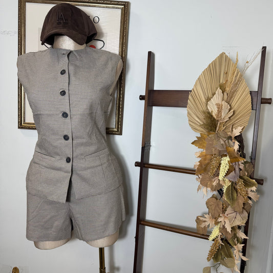 Checked High Waisted Shorts-Taupe