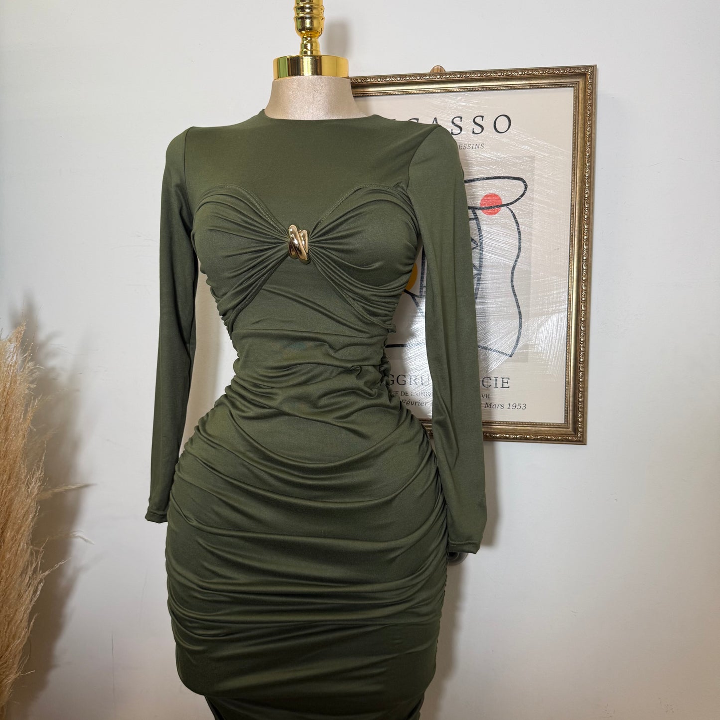 Long Sleeve Double Layered Midi Dress-Olive