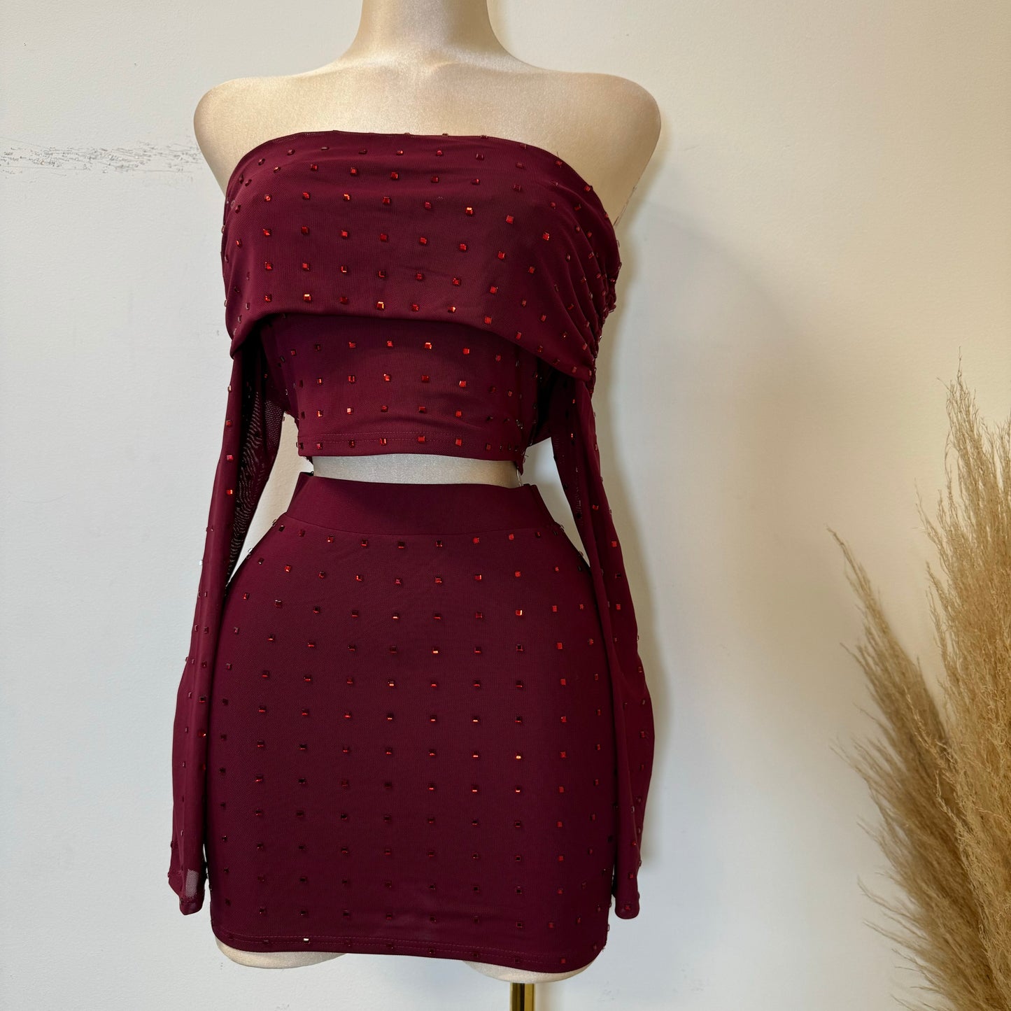 Rhinestone Skirt Set-Burgundy