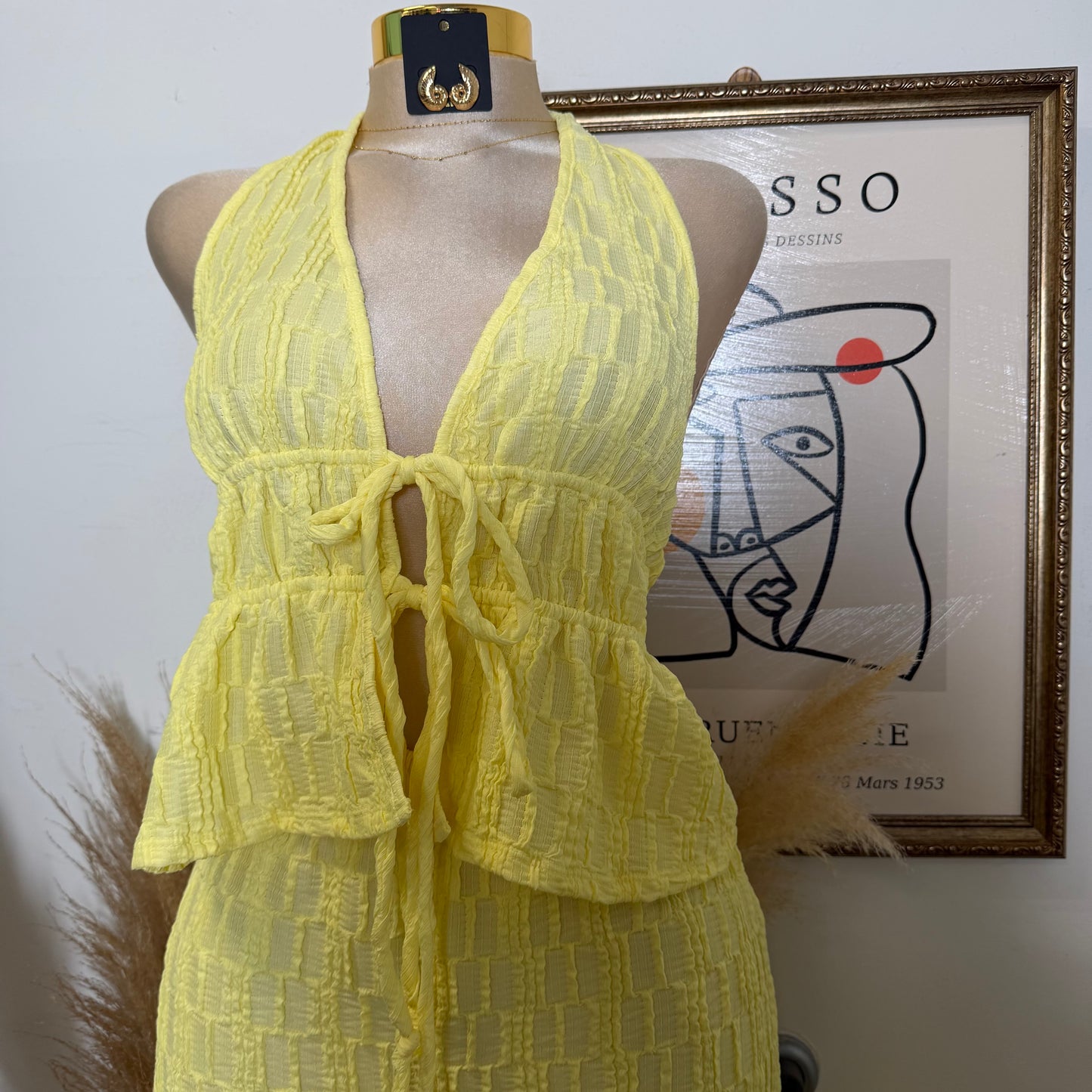 Front Tie Spaghetti Tie Halter Neck Top and pant set-Light Yellow