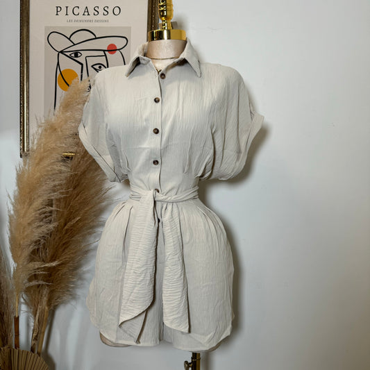 Crinkle Textured Dolman Sleeve Shirt Belted Romper -Cream