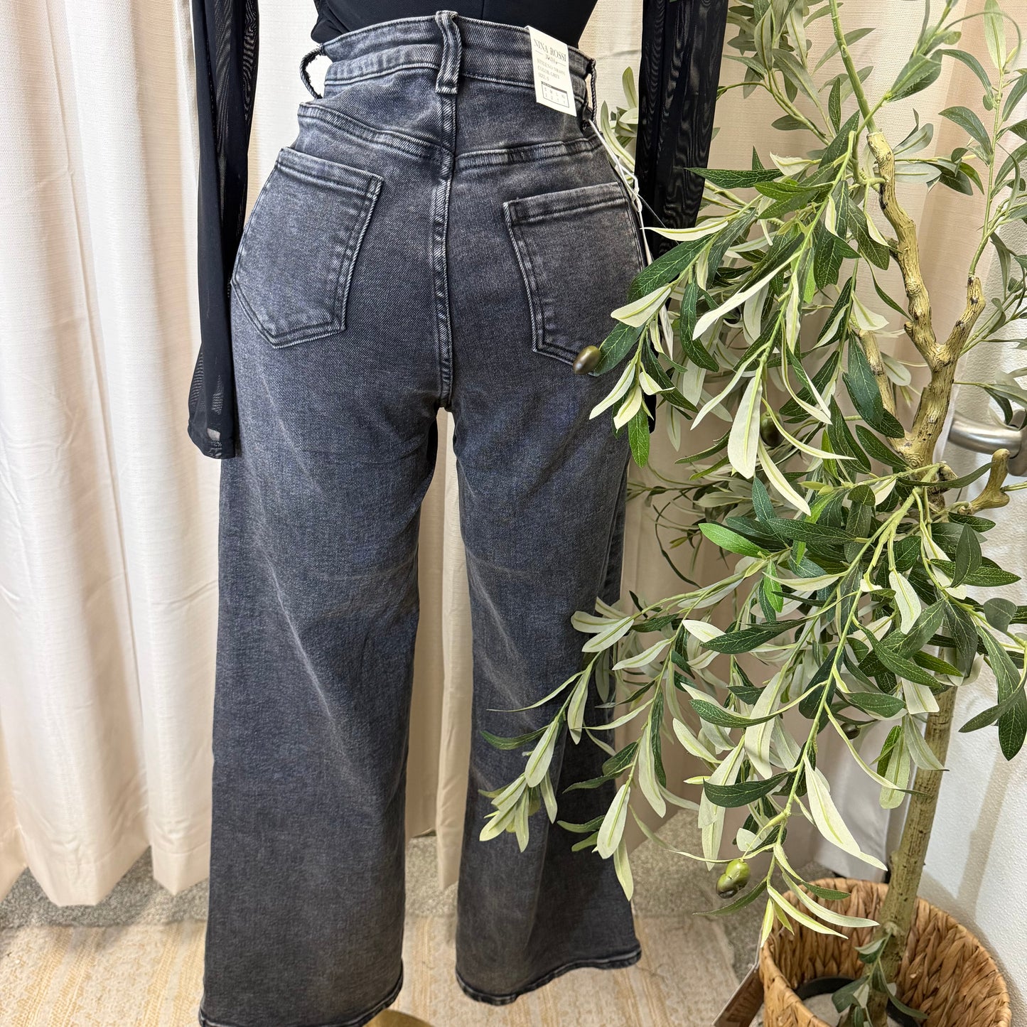 High Waisted Jeans Button On the Side-Black/Grey