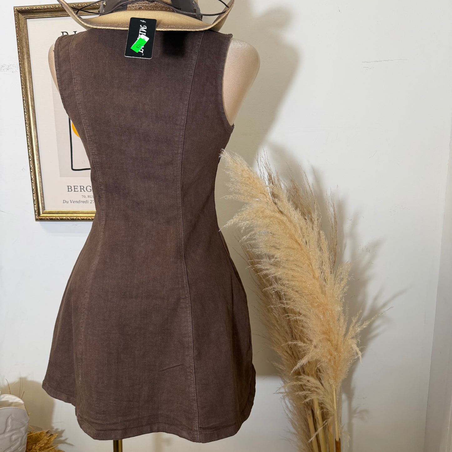 Sleeveless Denim Mini Dress -Brown