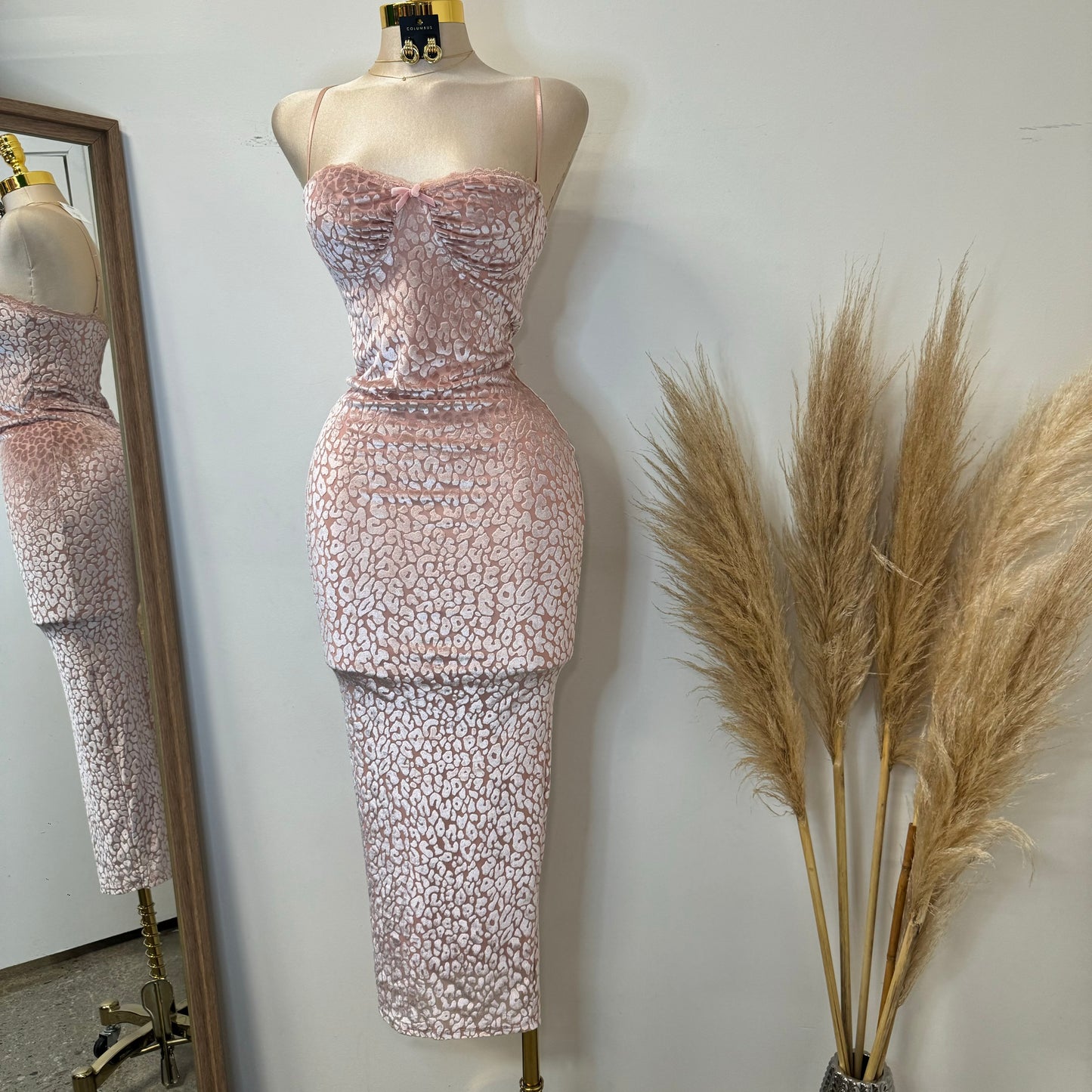 Velvet Animal Print Dress-Pink