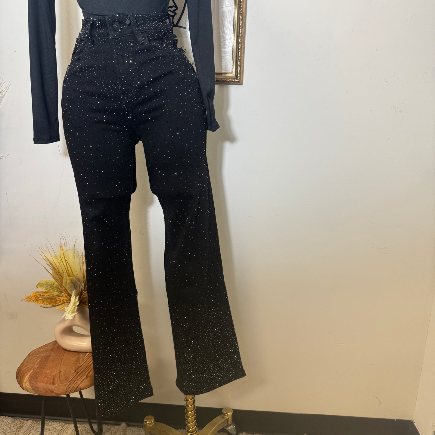 Nye Rhinestone Flare Pants-Black