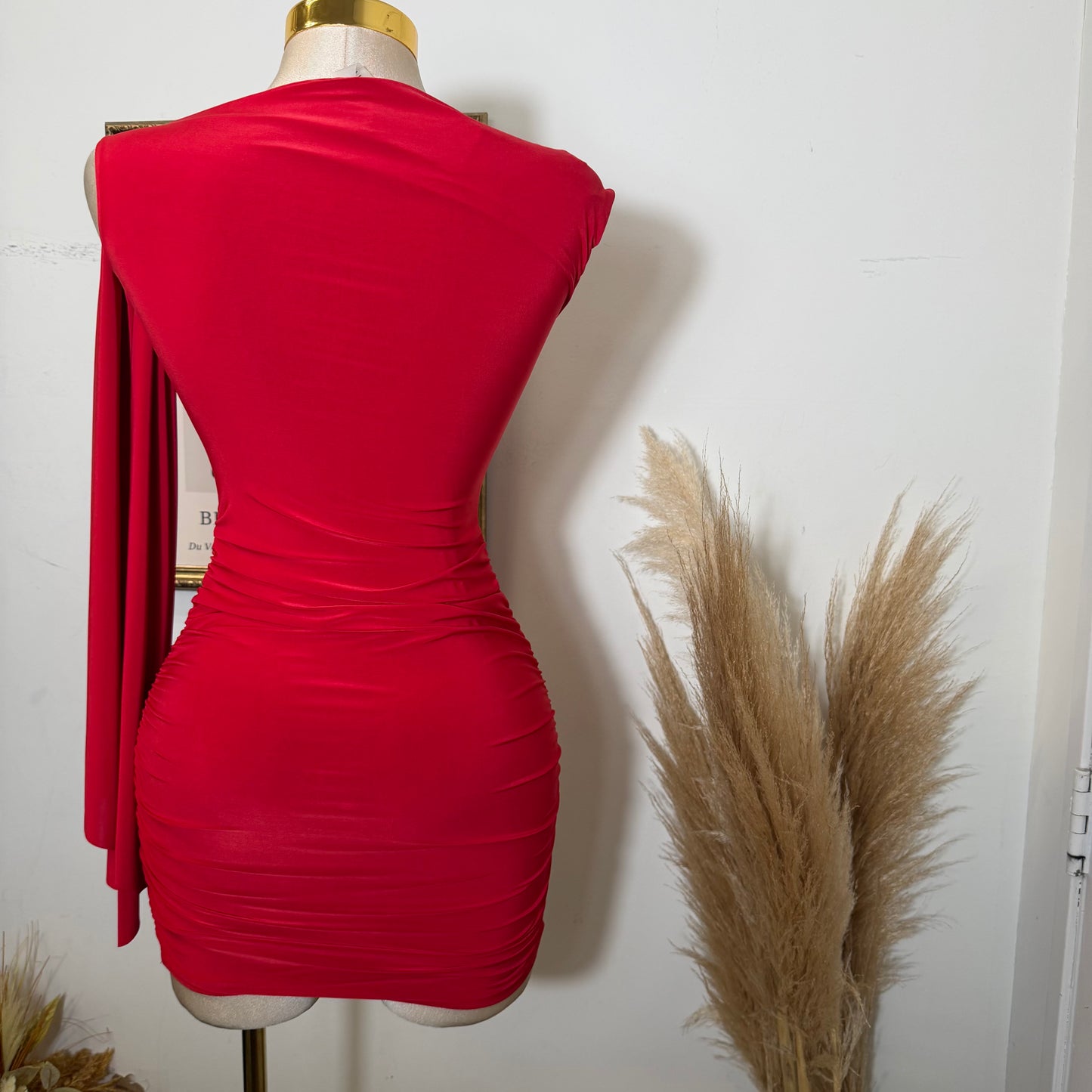 Off Shoulder Ruched Side Tie Mini Dress-Red