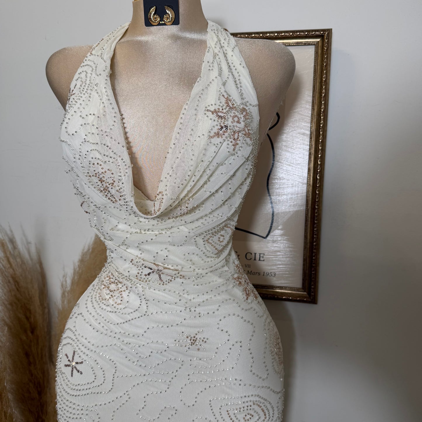 Halter Neck Lace Up Back Detail Mermaid Midi Dress-Cream