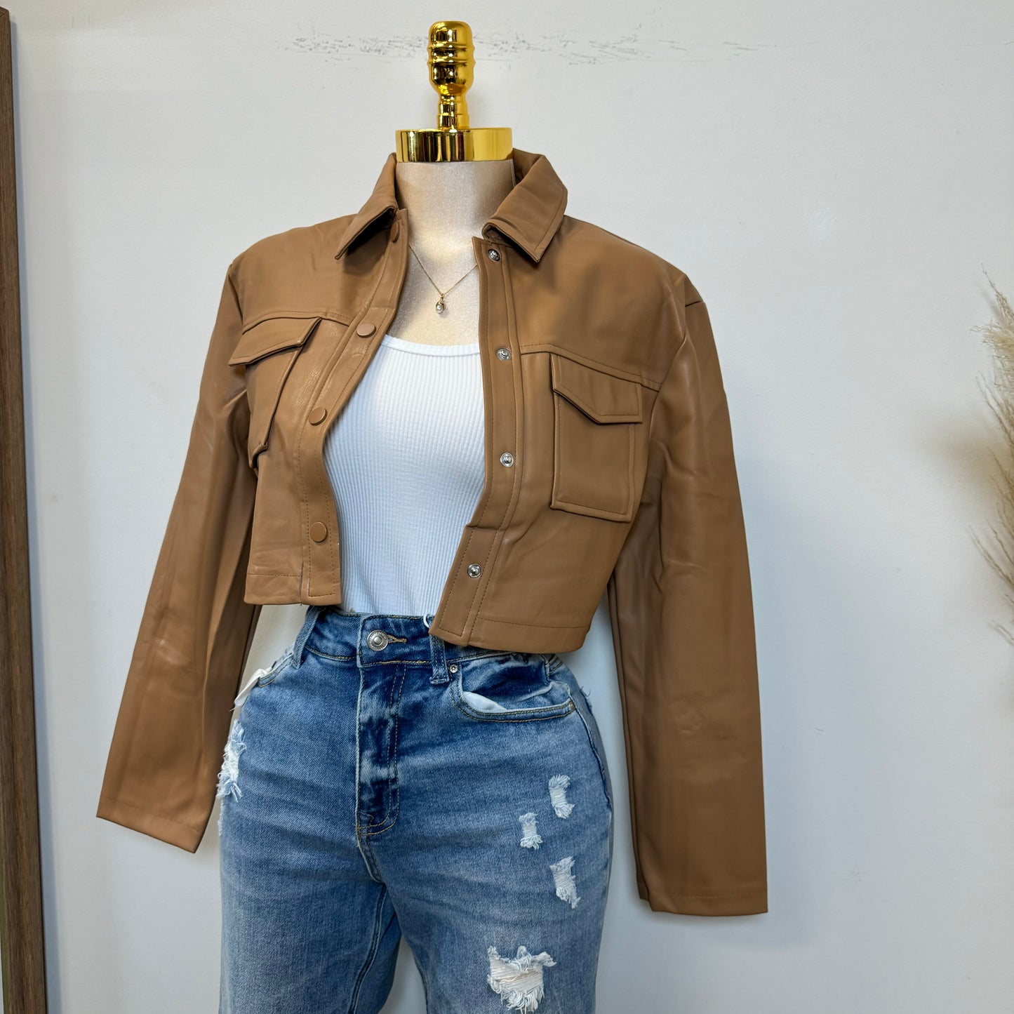 Lulú PU Leather Cropped Jacket -Brown