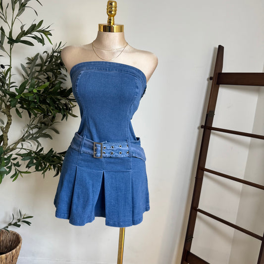 strapless Denim Belted Dress-Denim