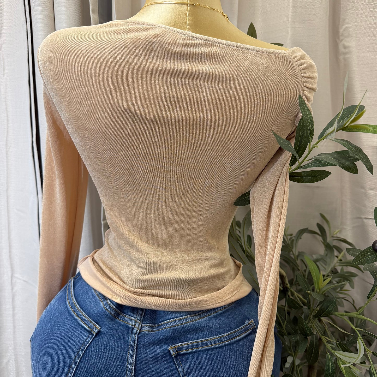 Off Shoulder twist Detail Mesh Top-Nude