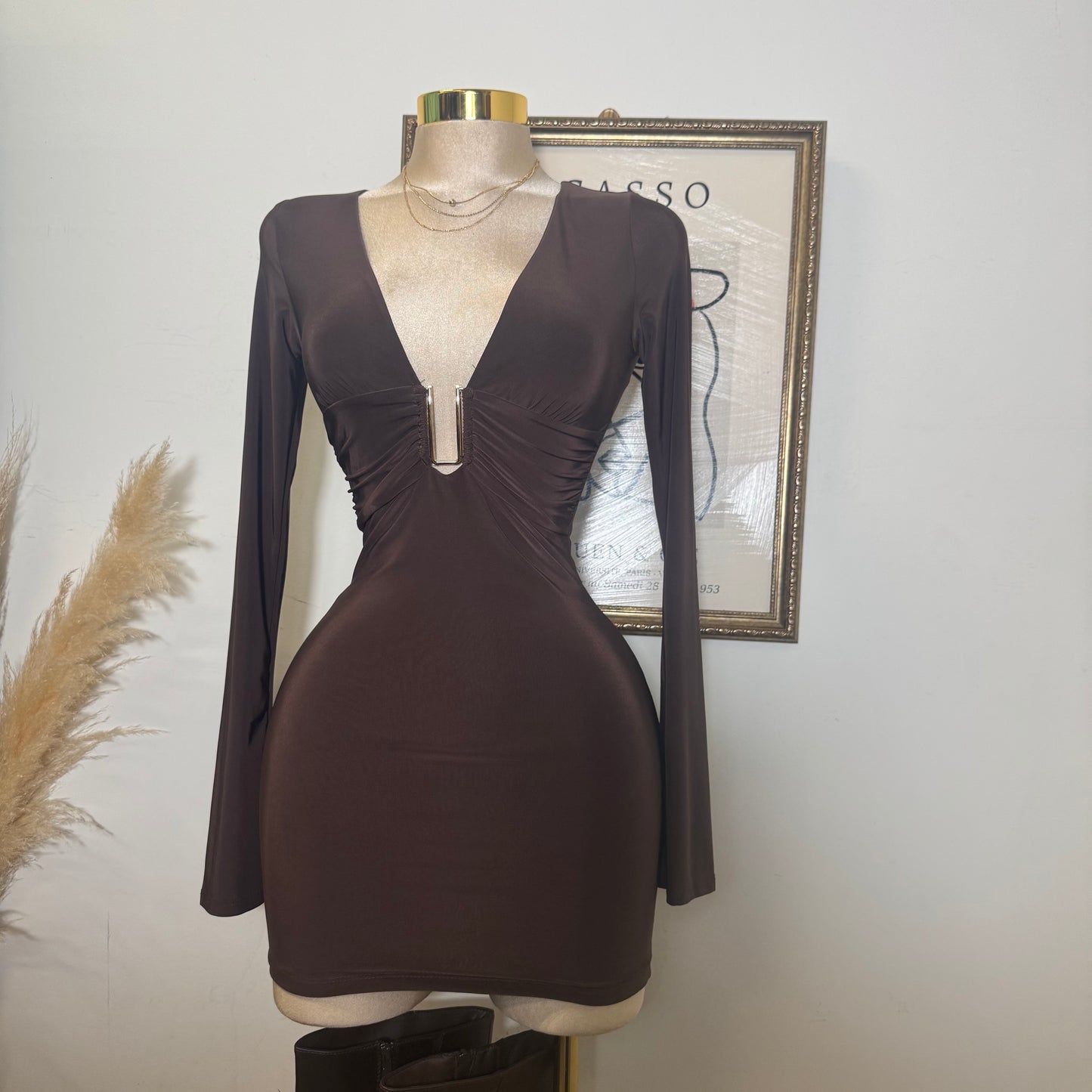 Long Sleeve Plunging Mini Dress-Brown