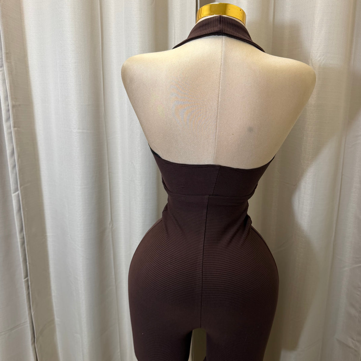 Halter Ribbed Capri Jumpsuit-Brown