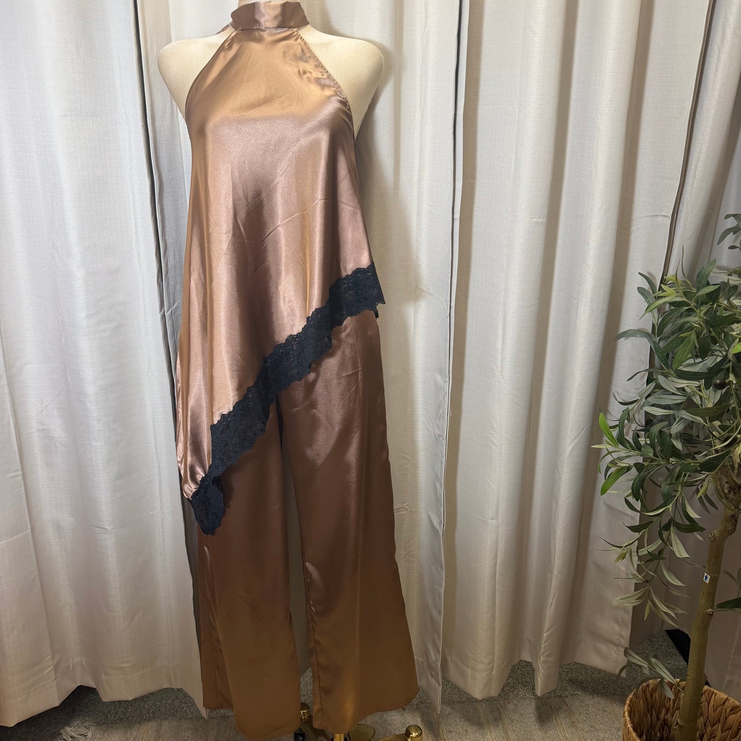 Asymmetrical Lace Top and Satin Pant Set-Brown