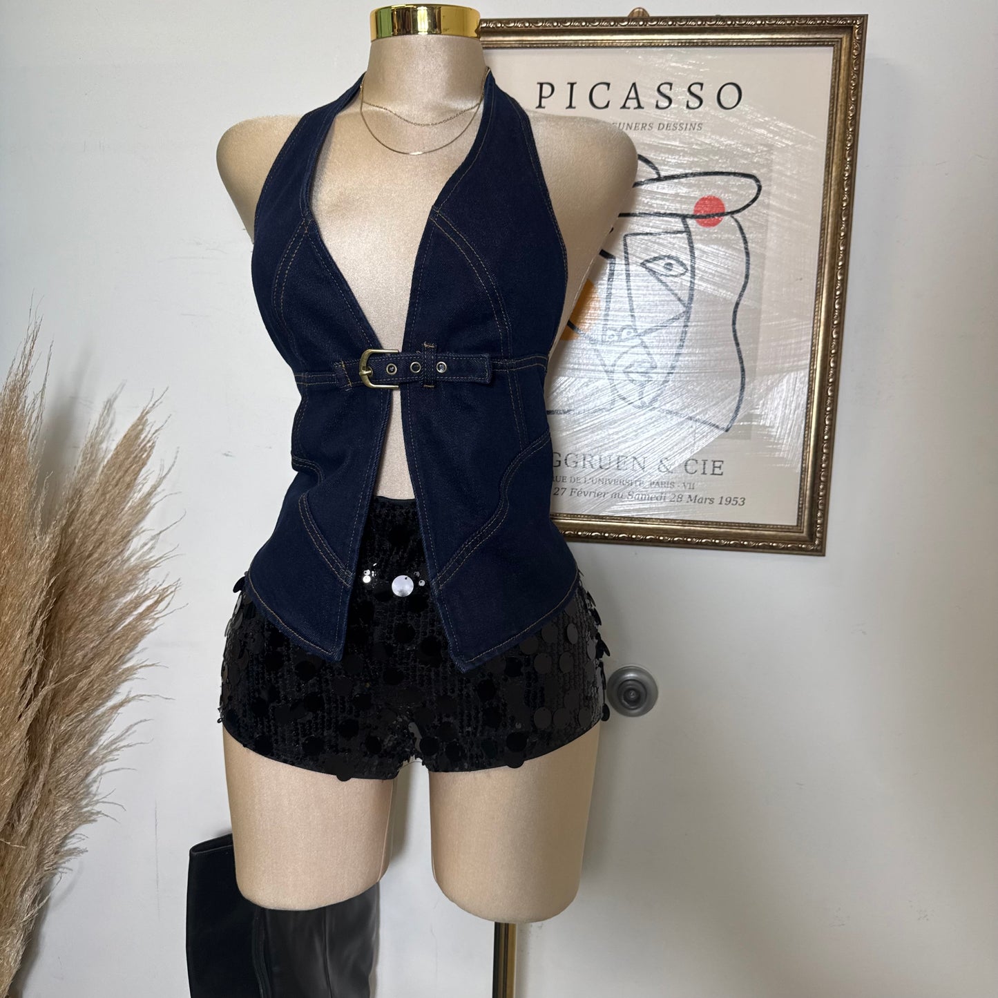 Halter Bust Belt Detail Denim Top-Denim