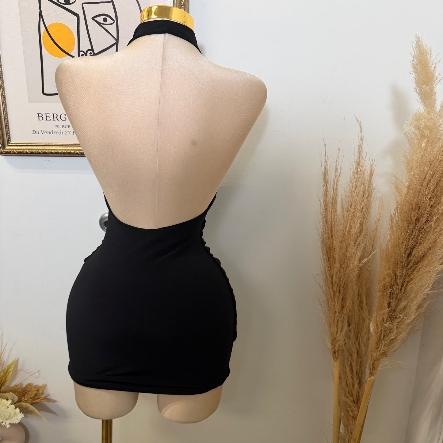 Halter Drape Trim Detail Mini Dress-Black