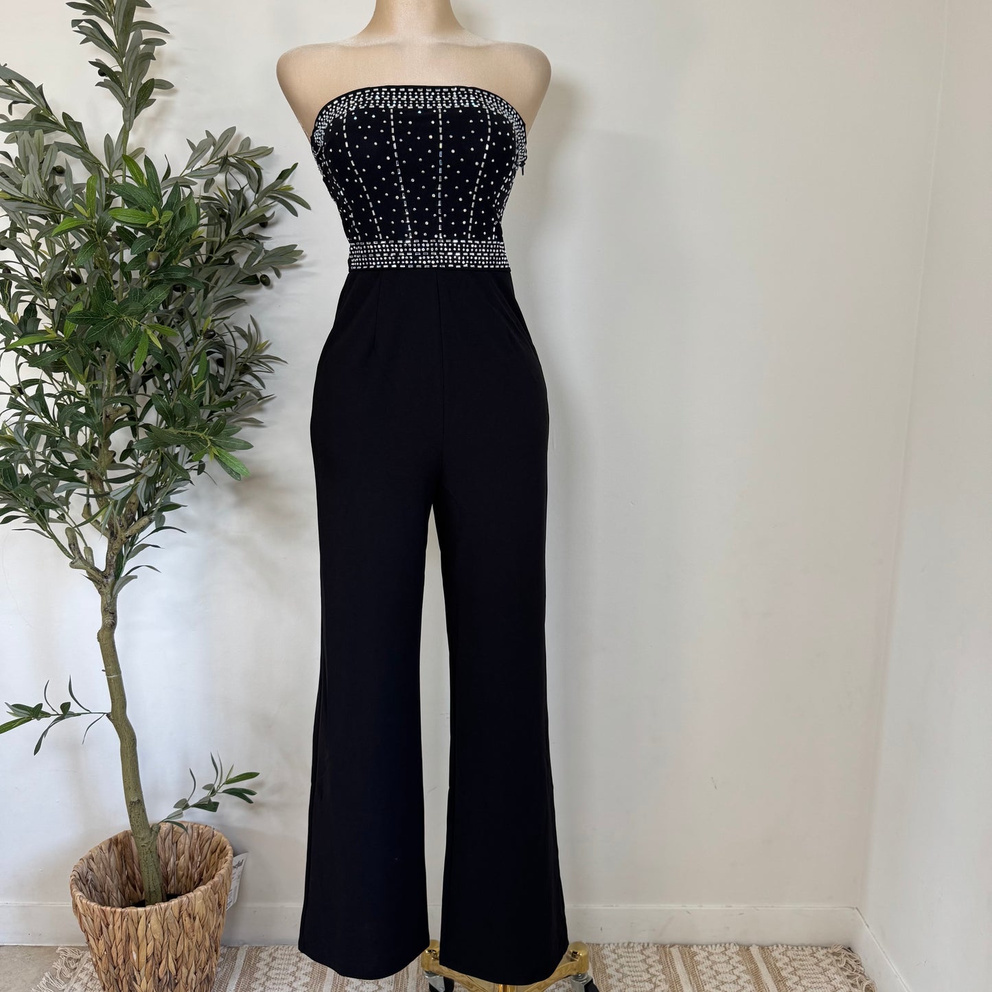 Rhinestone Strapless Jumpsuit-Black