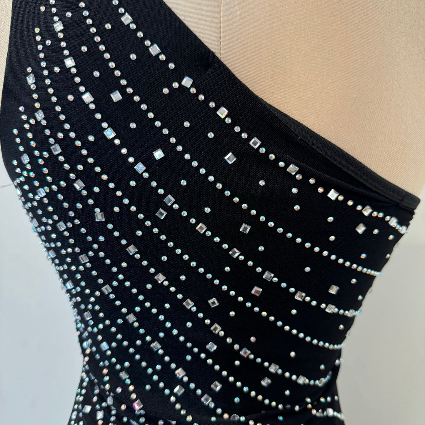 One Shoulder Rhinestone Dress-Black