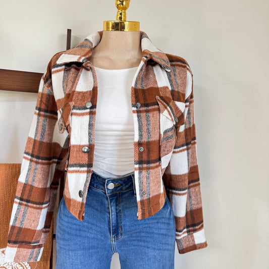 Plaid Cropped Button Down Jacket-Terra