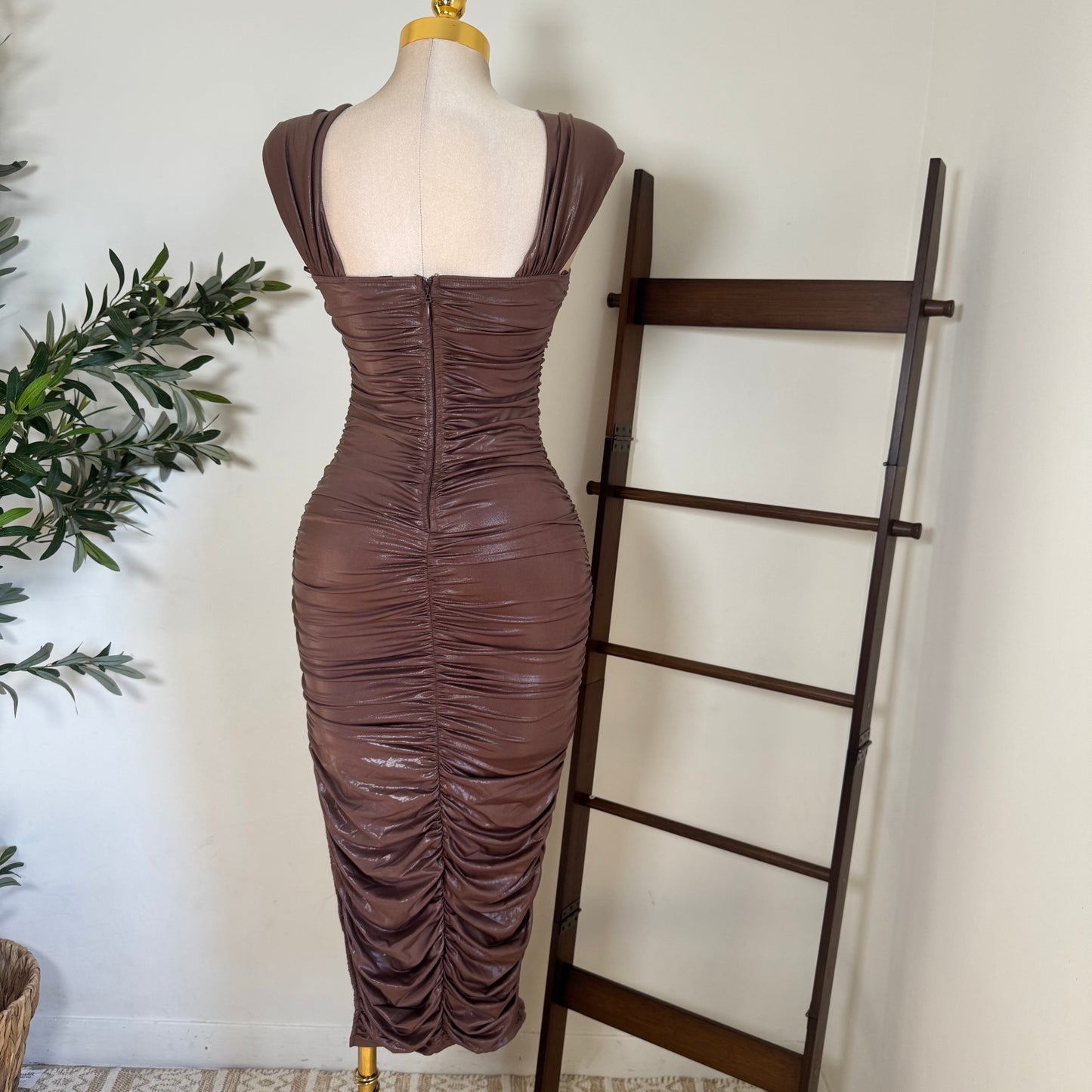 Off Shoulder Bustier Ruching Side slit Mini Dress-Mocha