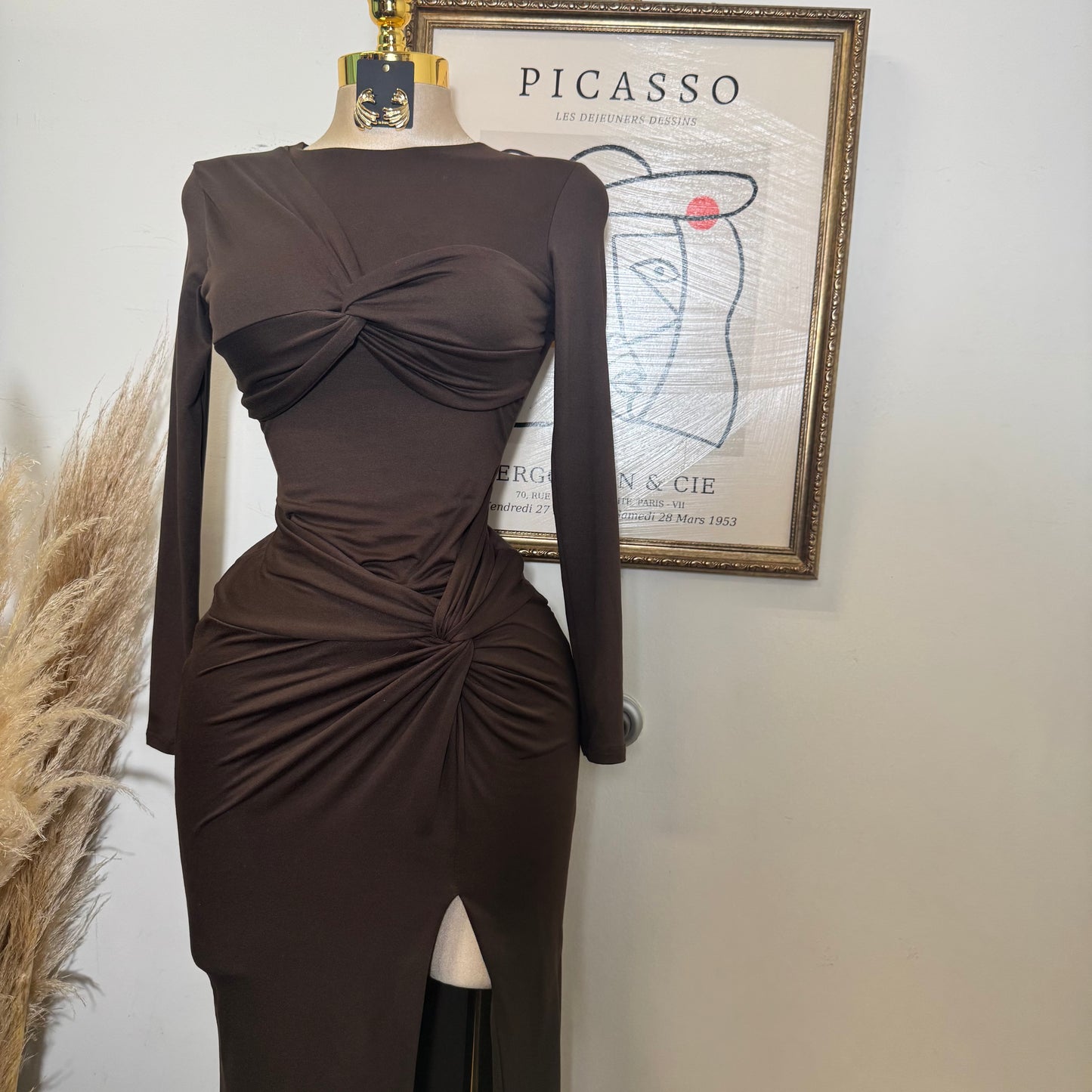 Long sleeve Soft Material Dress-Brown