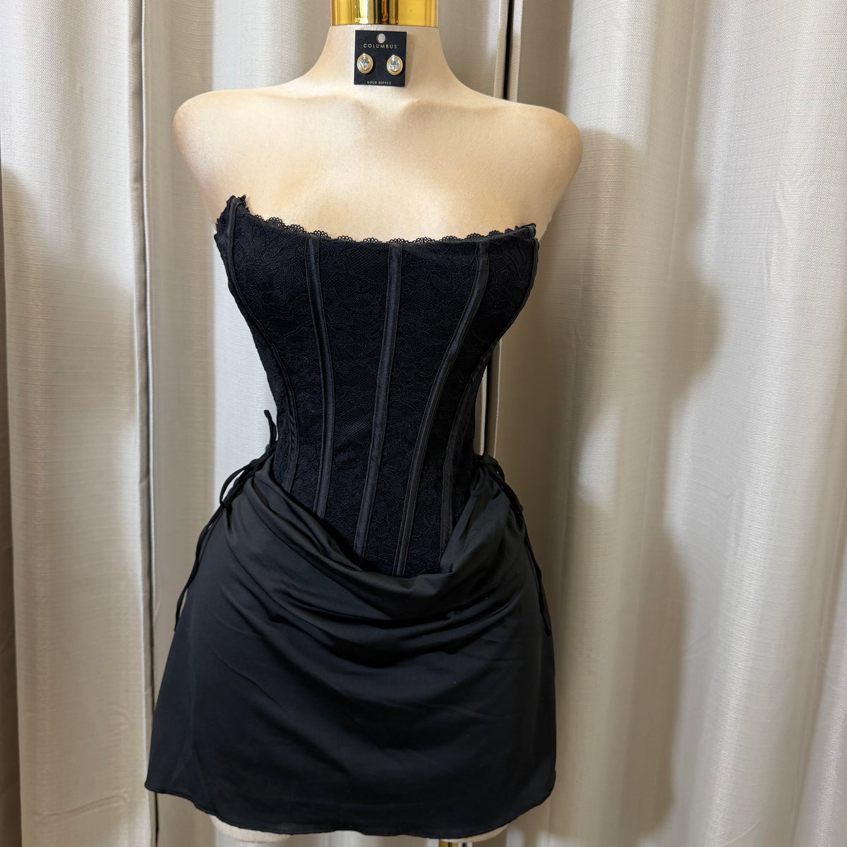 Strapless Lace Corset Cowl Front Mini Dress-Black