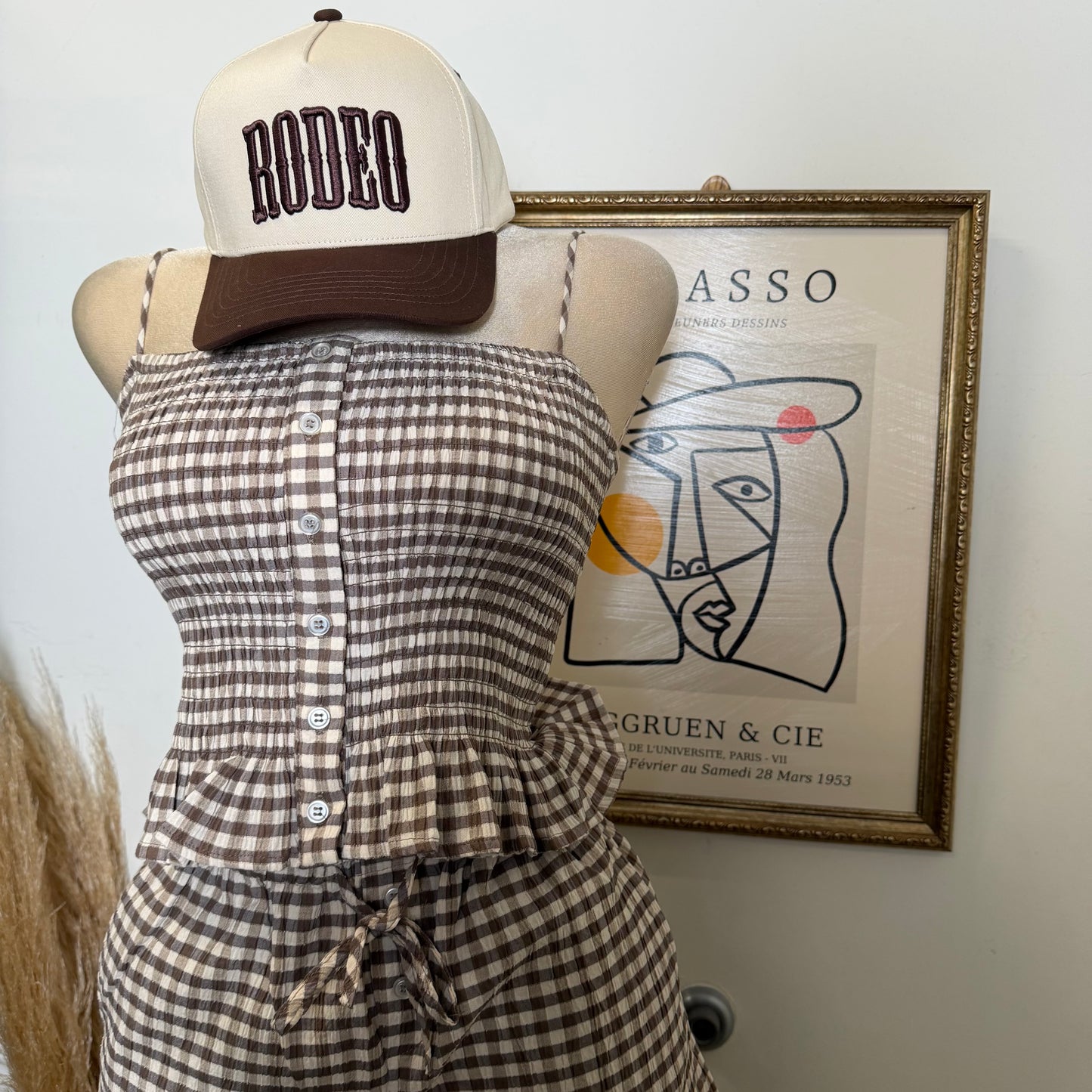 Smocked Gingham Peplum Short Two piece set-Mocha