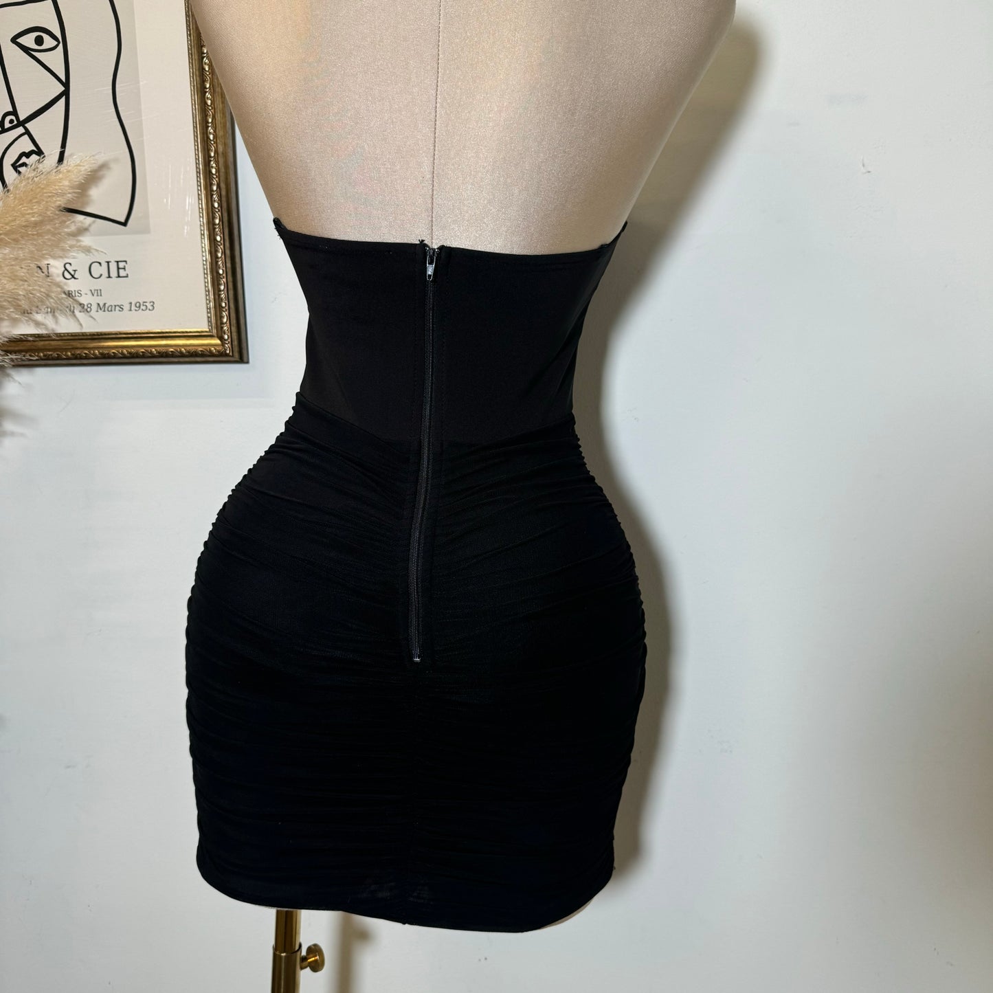 Stretch Woven Corset Detail Mesh Ruched Mini Tube Dress-Black
