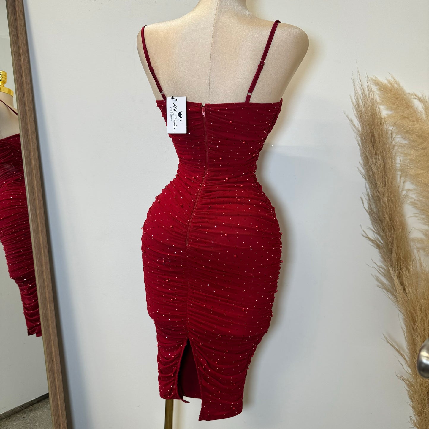 Capri Rhinestone Midi Dress-Red