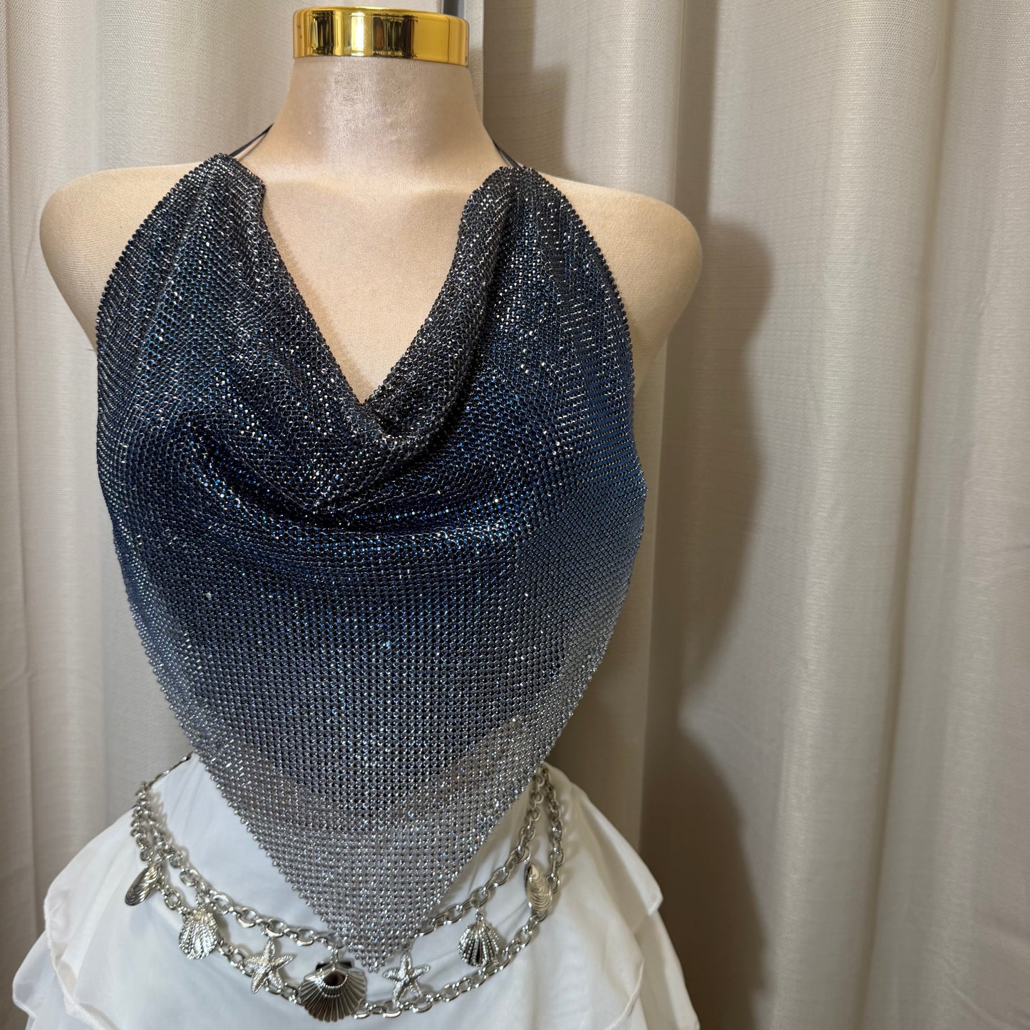 Draped Cowl neck backless halter Top-ombré blue