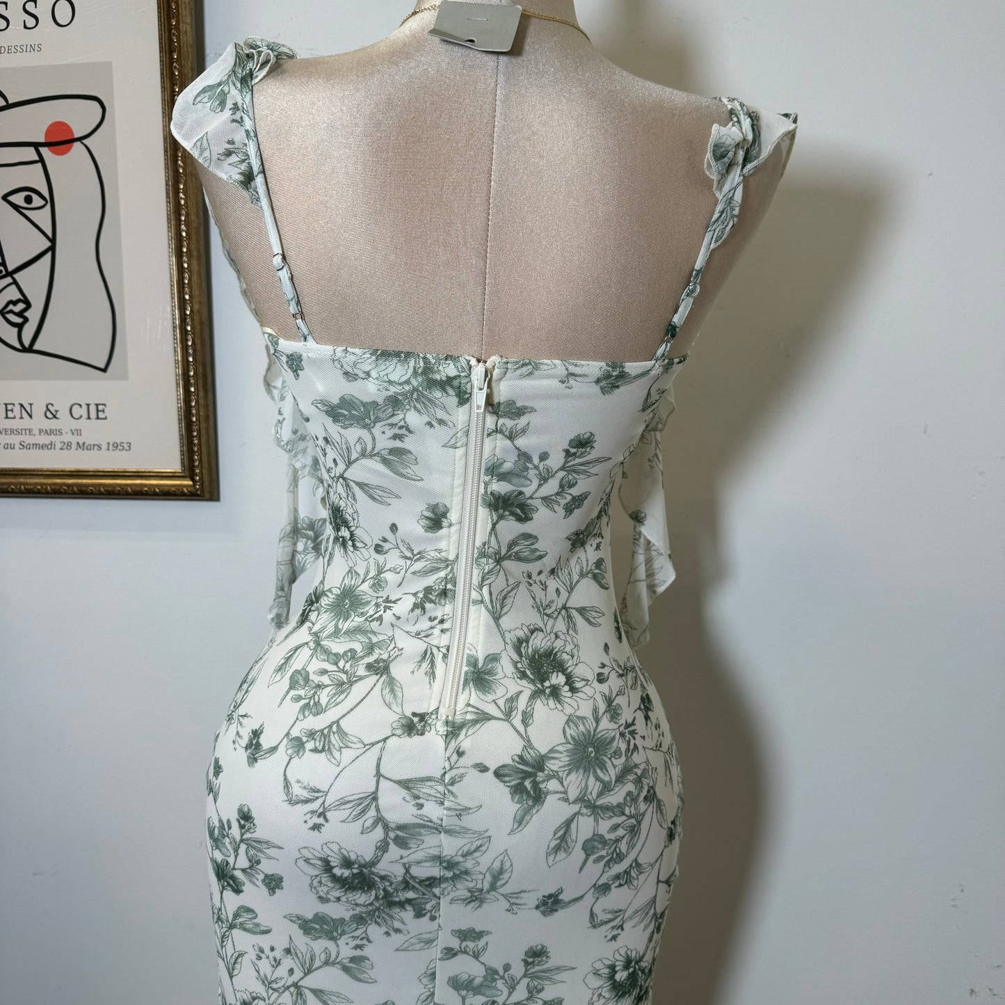 Mesh Print Ruffle Sleeve Corset Midi Dress-Sage Green